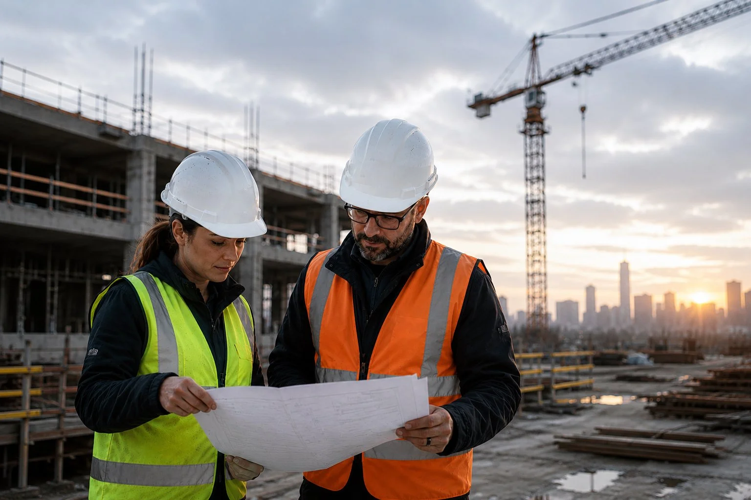 Two construction workers, a woman and a man, wearing white hard hats and high-visibility vests, examine blueprints at a construction site with a crane and city skyline in the background during sunset.