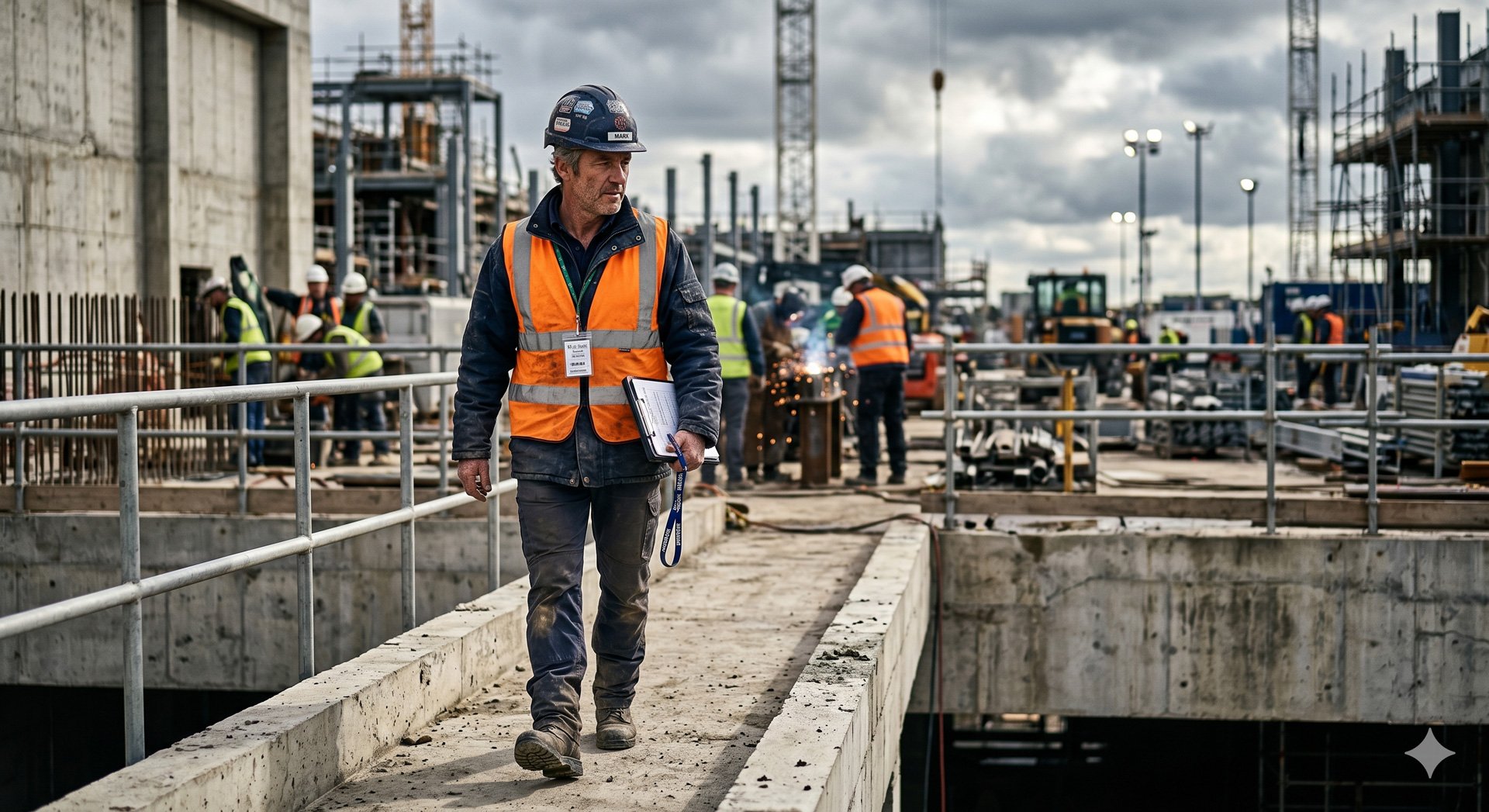 A construction worker in a safety vest and helmet walking on a concrete bridge at a busy construction site with multiple workers, cranes, and construction equipment in the background.