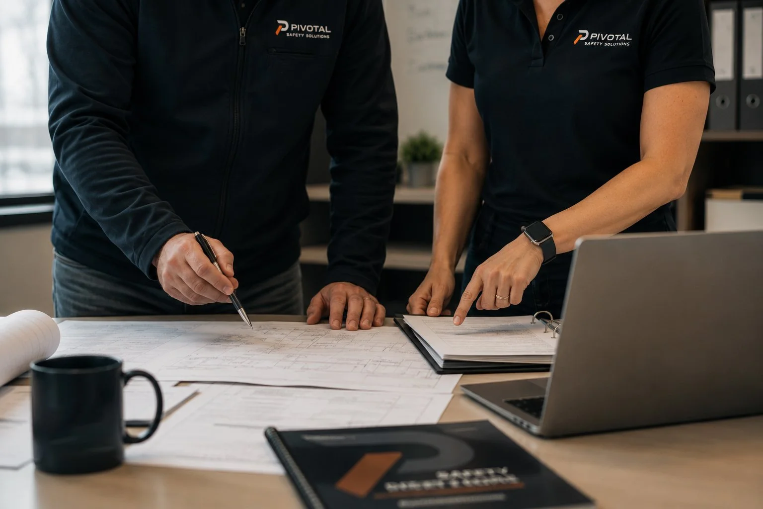 Two people reviewing architectural plans at a desk, with a laptop, notebook, and coffee mug present.