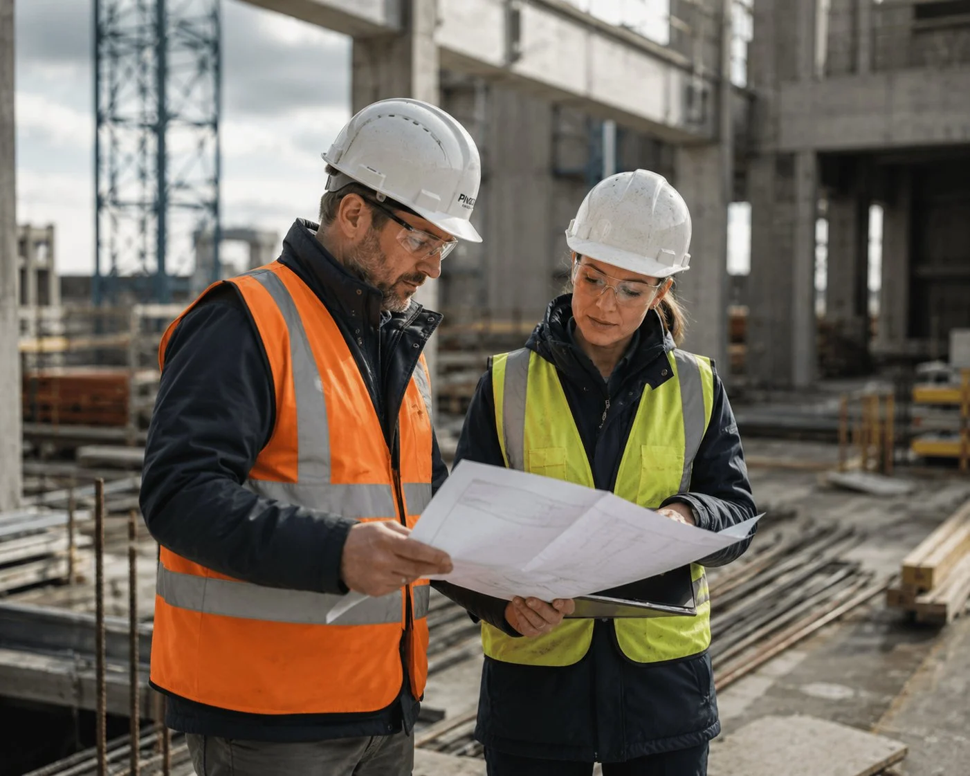 Two construction professionals, a man and a woman, discussing blueprints on a construction site. They are wearing safety helmets and high-visibility vests.