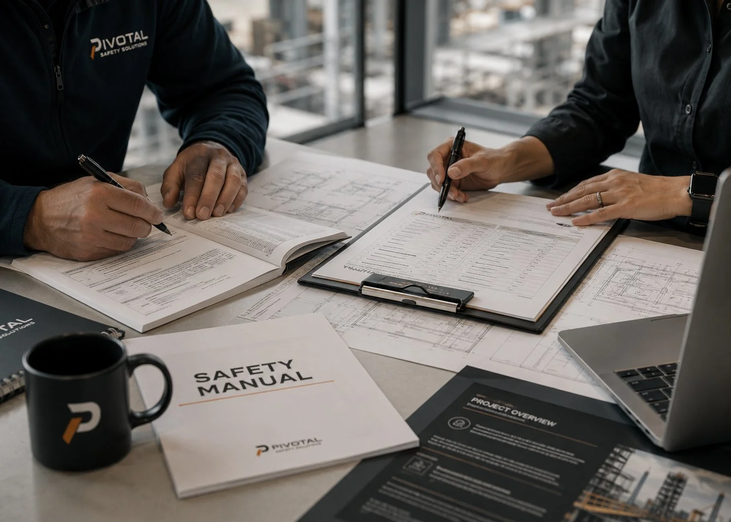 Two people working at a desk with technical documents, safety manual, a laptop, and a coffee mug, in a high-rise office with city view.