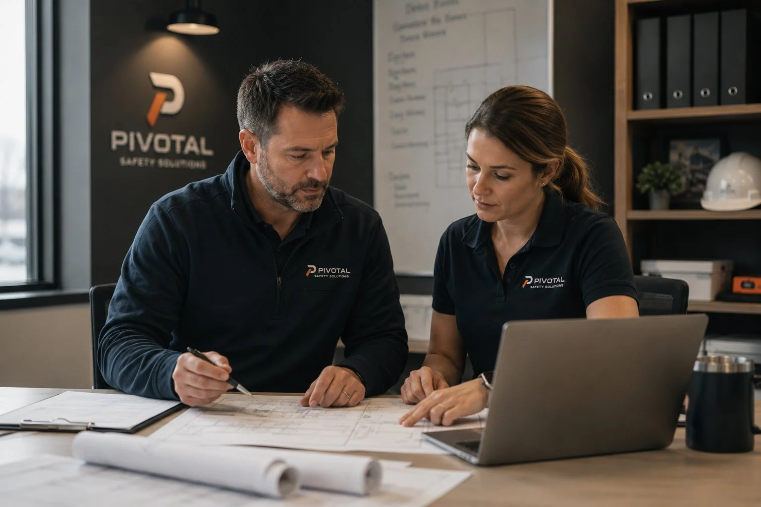 Two professionals in black polo shirts reviewing blueprints and documents at a desk in an office, with a laptop and safety equipment in the background.