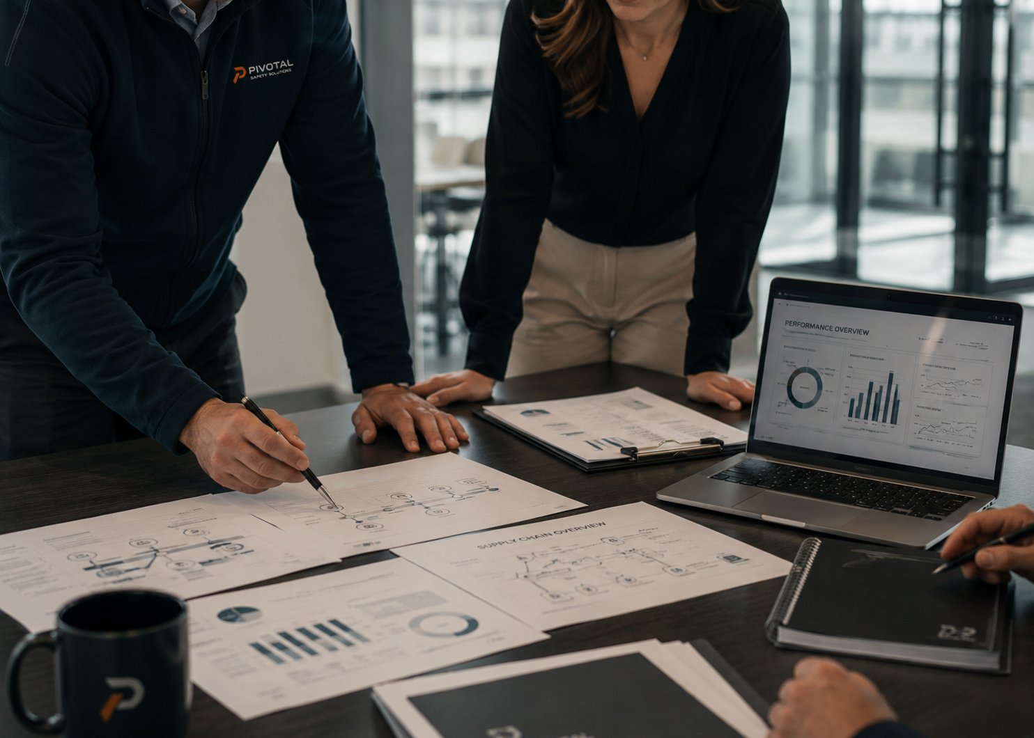 People working on business documents and analyzing charts in a meeting room, with a laptop displaying performance graphs.