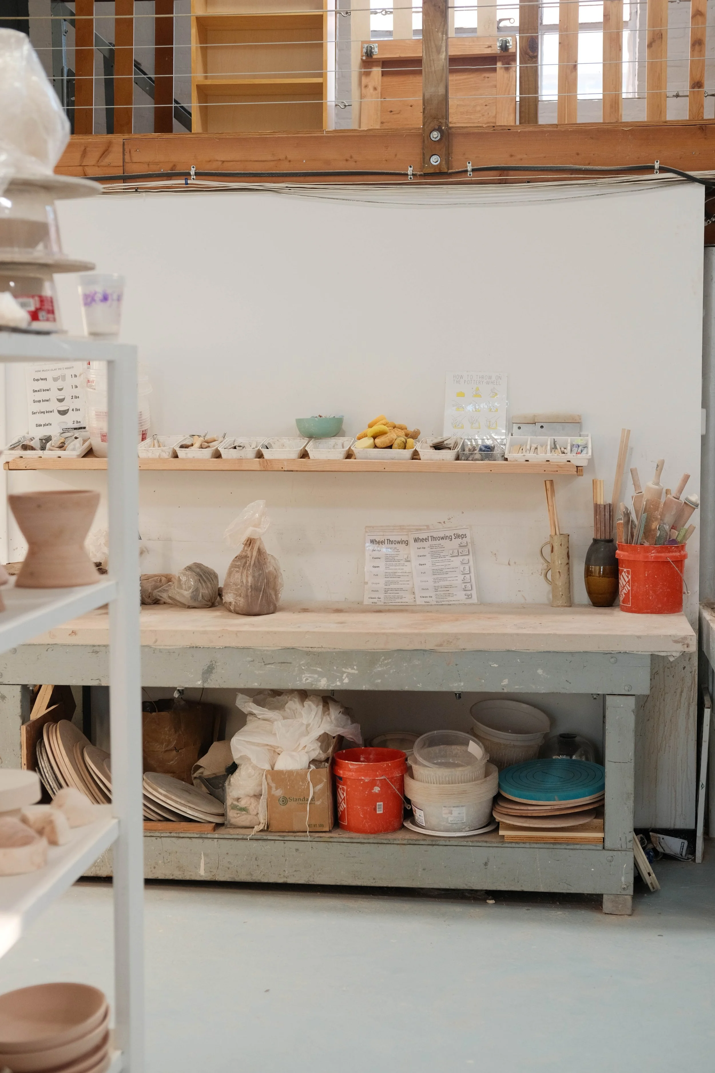 Our wedging table and clay tool supplies shelf