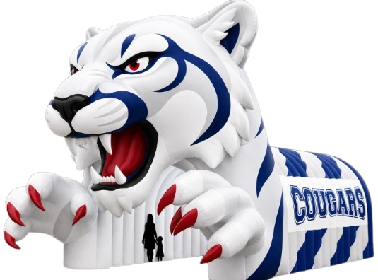 Inflatable white cougar mascot with blue stripes and red claws, representing the Cougars, against a black background.