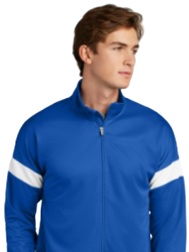 Young man in a blue sports jacket with white stripes on the sleeves, looking to the side.