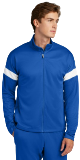 Young man in a blue zip-up sports jacket with white stripes on sleeves