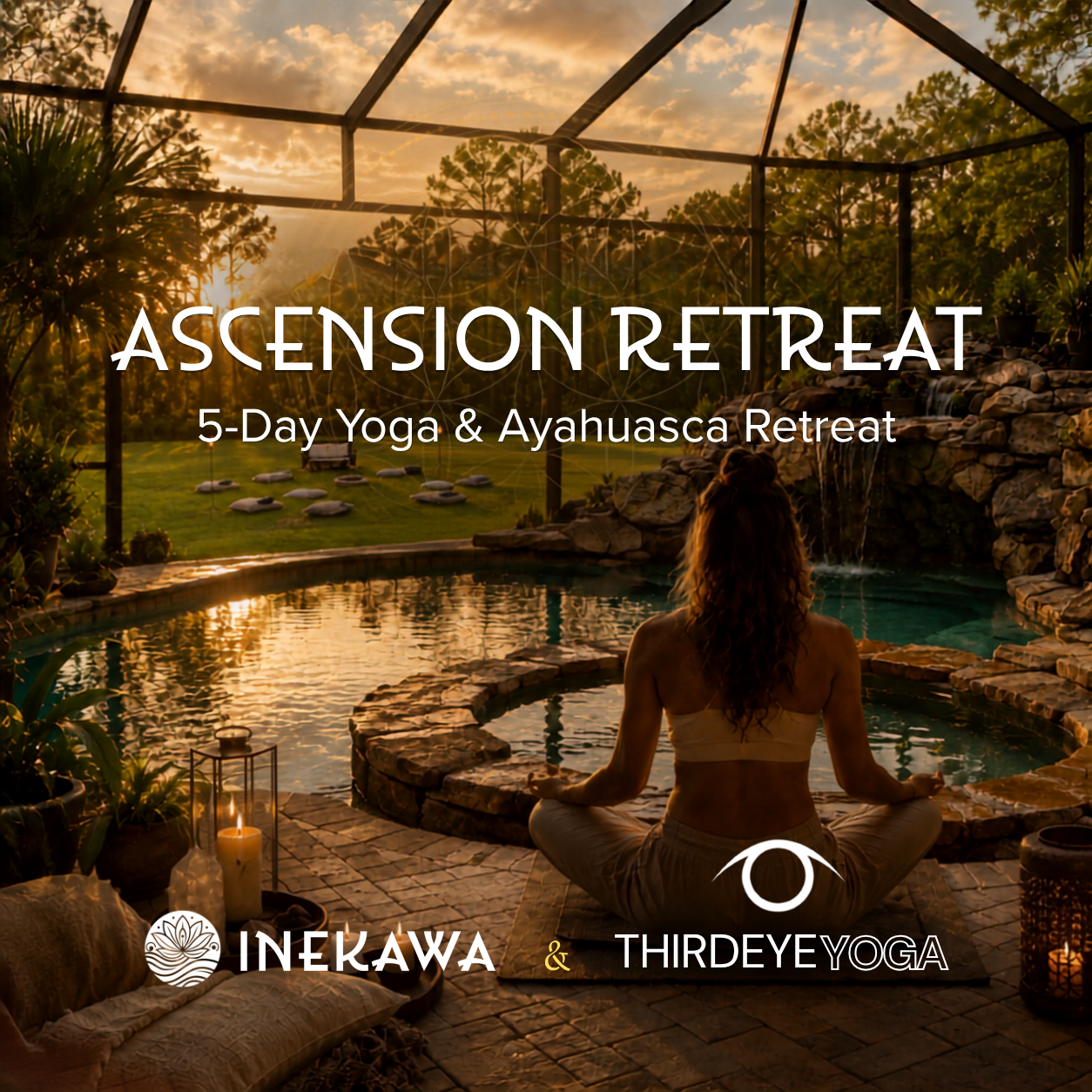 A woman practicing yoga in a peaceful outdoor setting during sunset, surrounded by lush greenery and a small pool, with a waterfall feature in the background, candles, and meditation cushions.