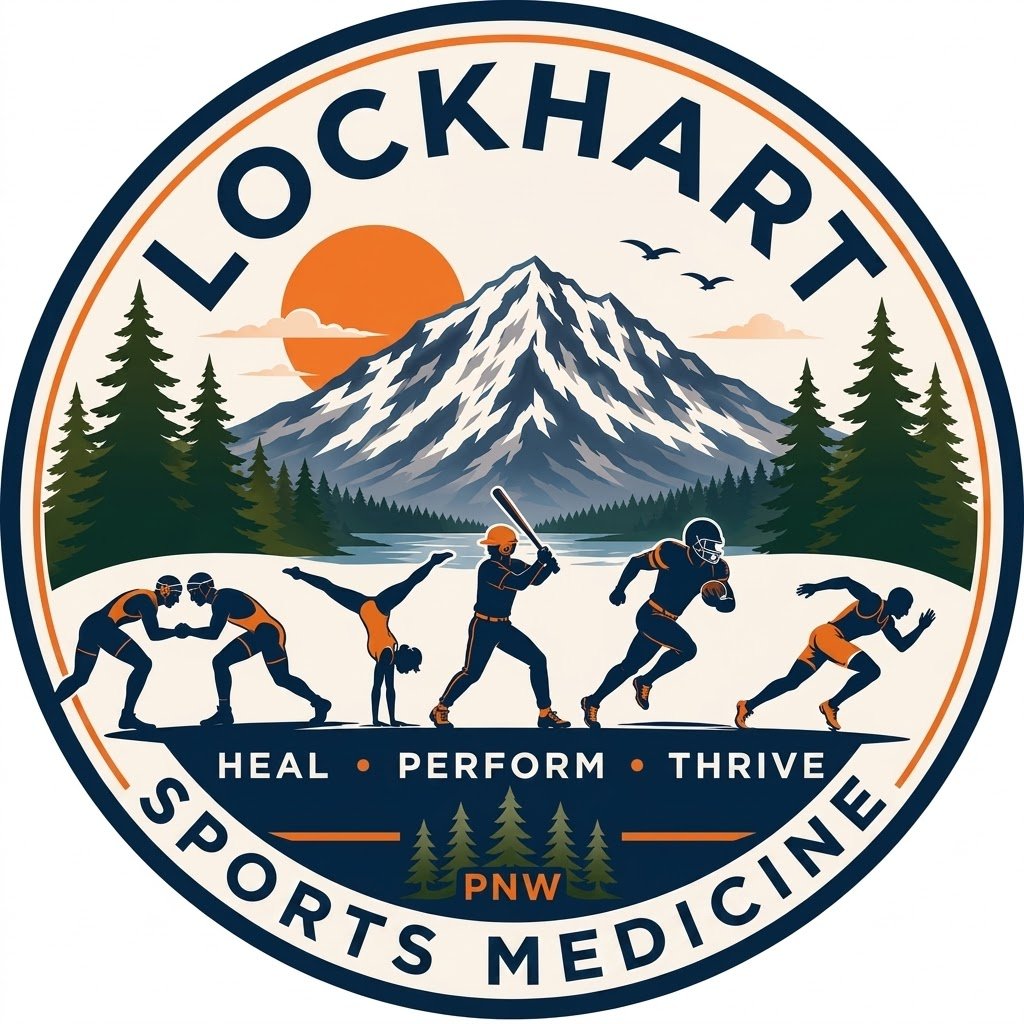 A circular logo for Lockhart Sports Medicine featuring mountain scenery, a setting sun, trees, and athletes performing various sports activities including football, running, and gymnastics, with the words "Heal, Perform, Thrive" and the abbreviation "PNW" at the bottom.