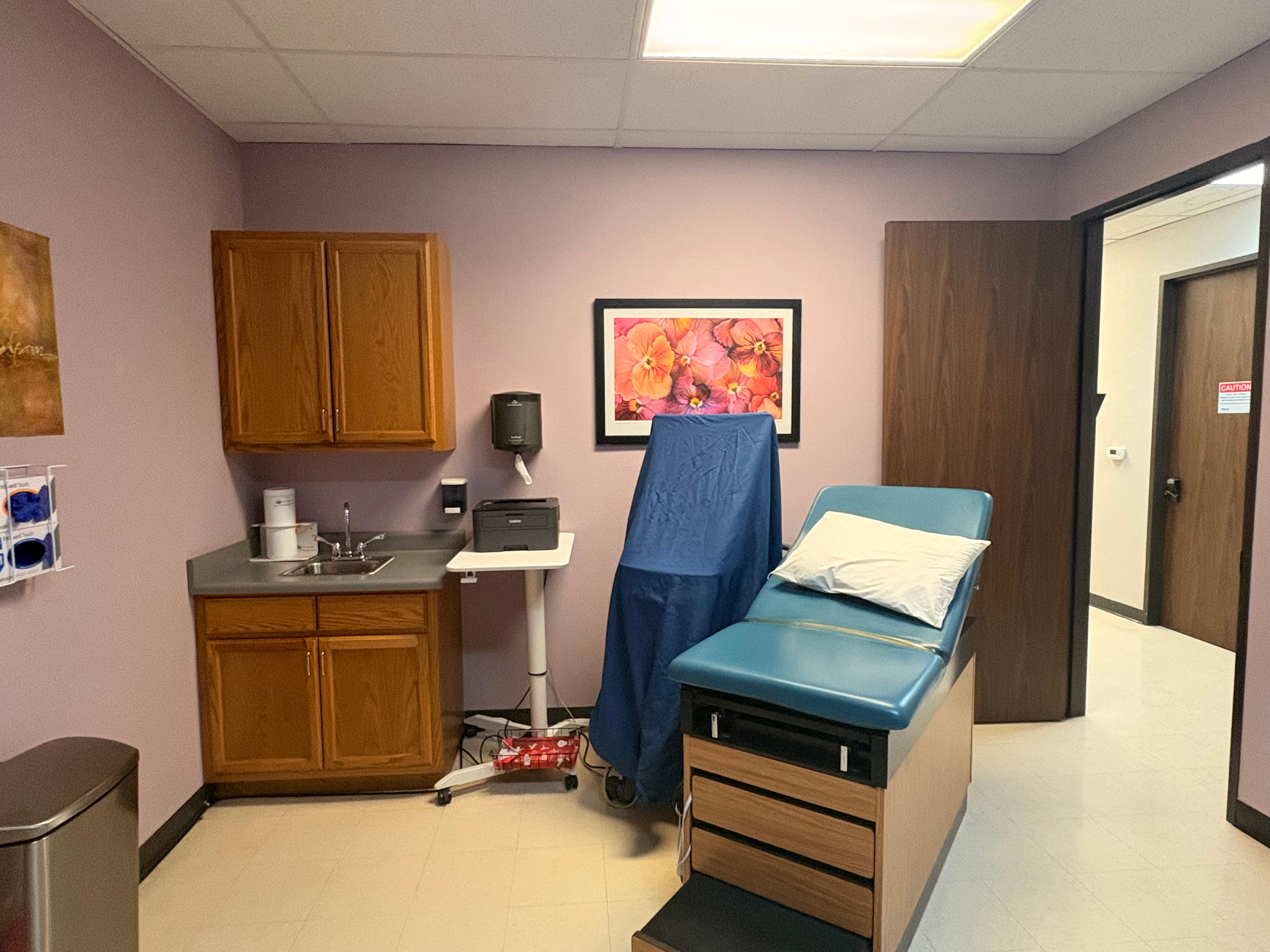 A hospital or clinic room with a light purple wall, wooden cabinets, a framed floral picture, medical equipment, and a hospital bed with a pillow and blue sheet.