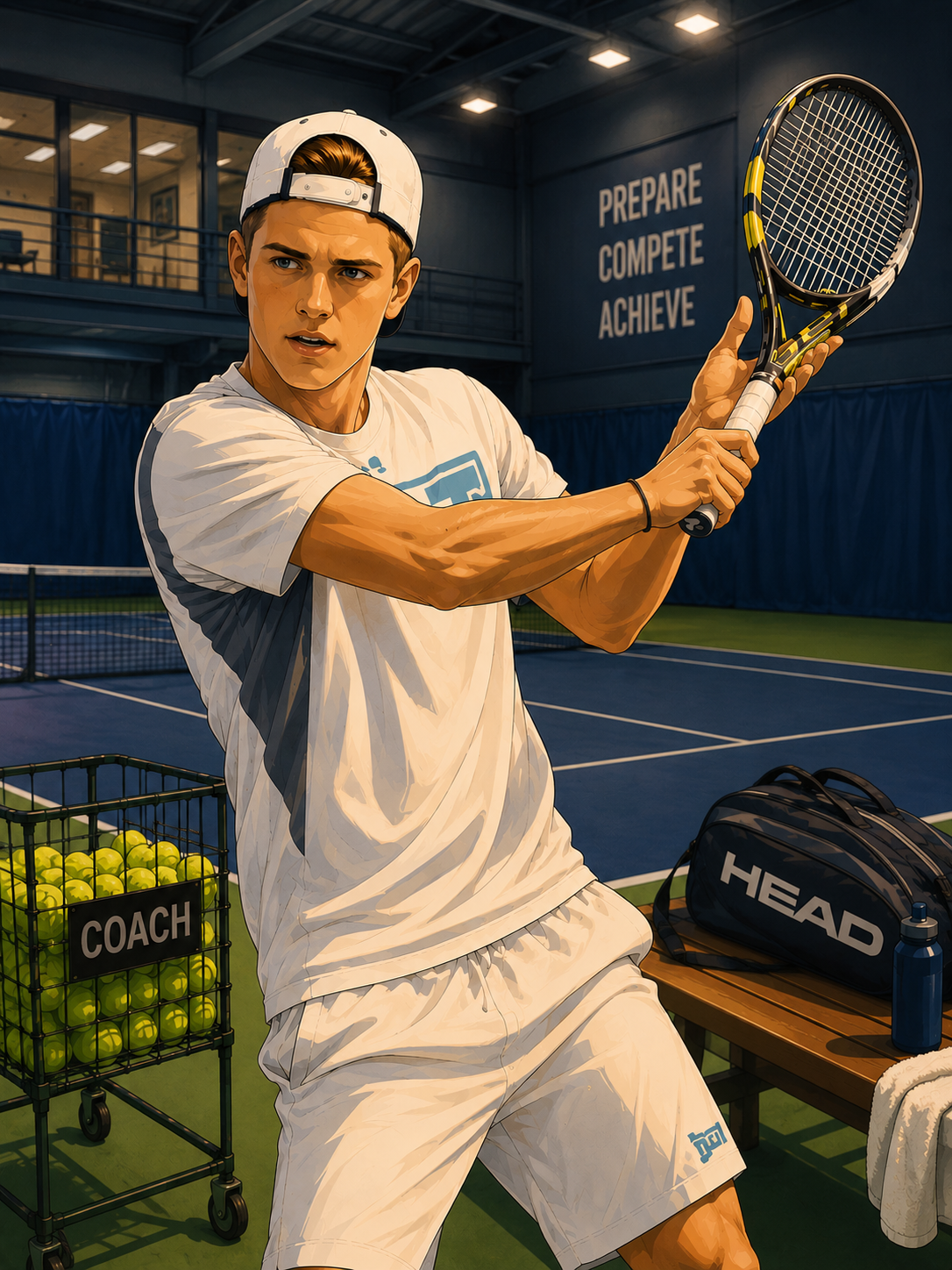 A young male tennis player in white sportswear with a backward cap on an indoor tennis court, holding a tennis racket in a ready position. There is a basket of tennis balls labeled 'COACH,' a tennis bag labeled 'HEAD,' and motivational words 'PREPARE, COMPETE, ACHIEVE' on the wall behind him.