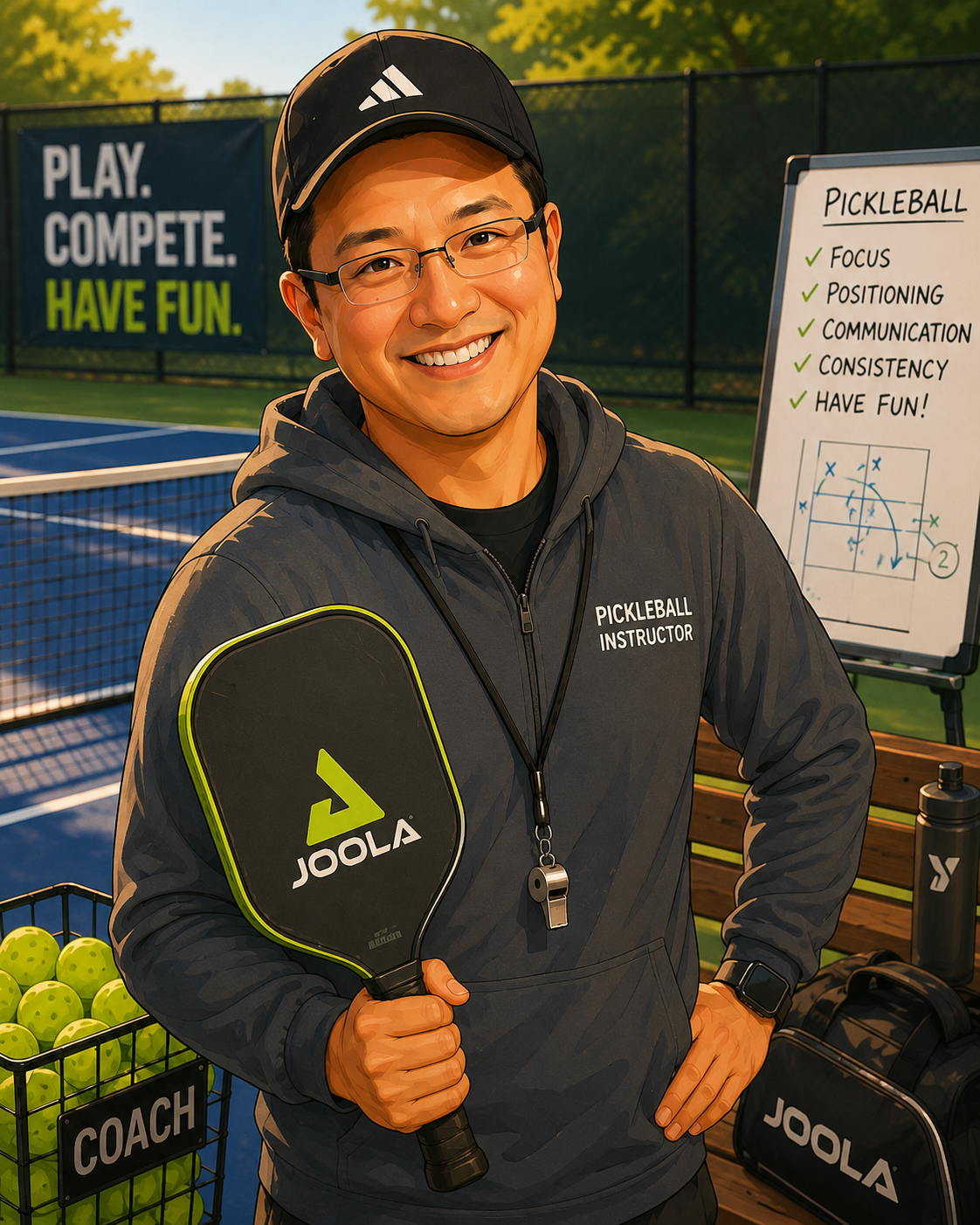 A smiling man wearing glasses, a black cap, and a gray hoodie labeled 'Pickleball Instructor' stands on a pickleball court holding a Joola pickleball paddle. There is a basket of bright green pickleballs labeled 'Coach' beside him, and a whiteboard with pickleball strategy points in the background. A sign reads 'Play. Compete. Have Fun.'