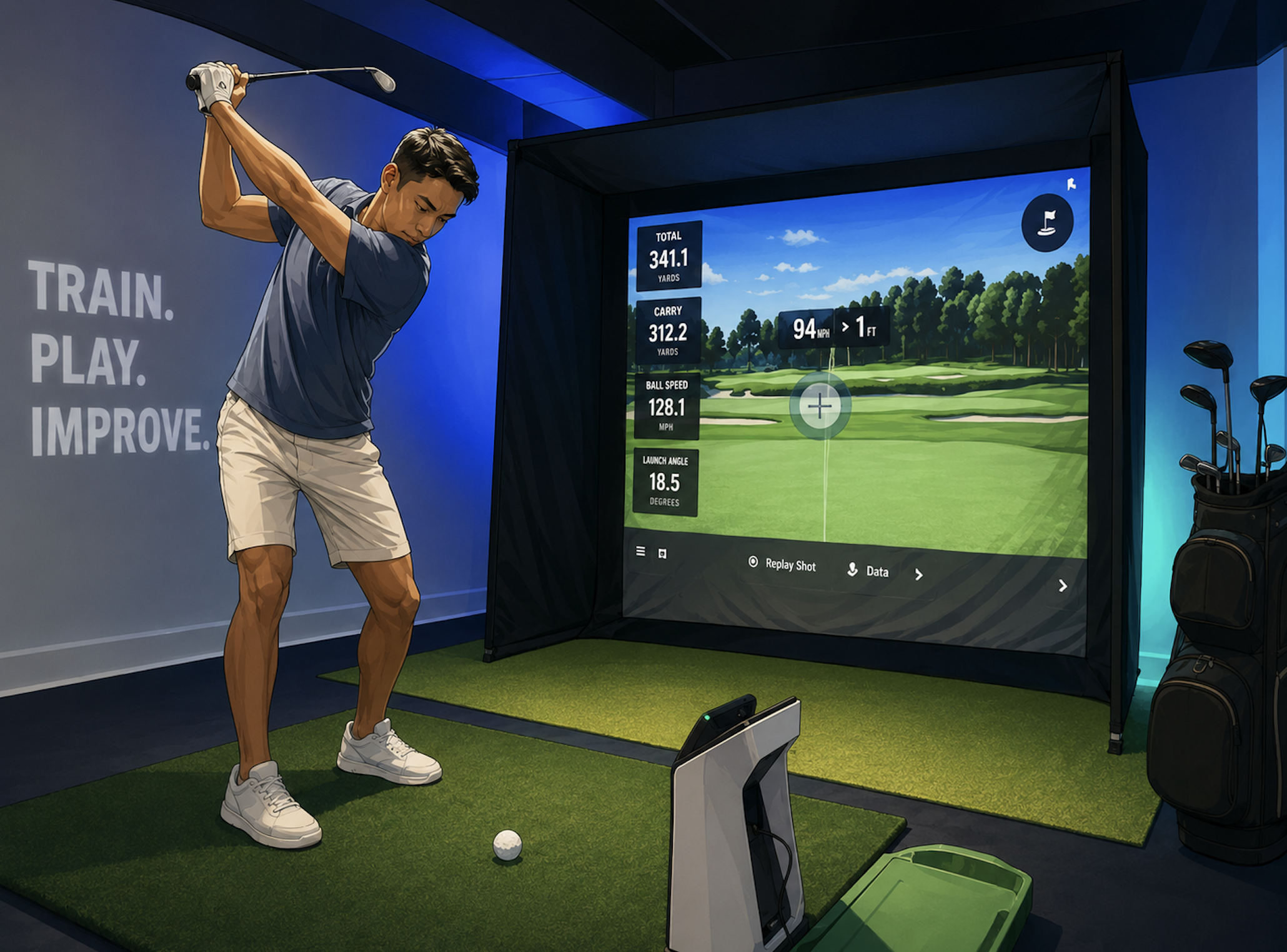 An indoor golf simulator setup showing a man in a blue shirt and beige shorts swinging a golf club, with a golf course displayed on a large screen. There are golf clubs and bags nearby, with a small golf ball on a tee on the artificial turf.