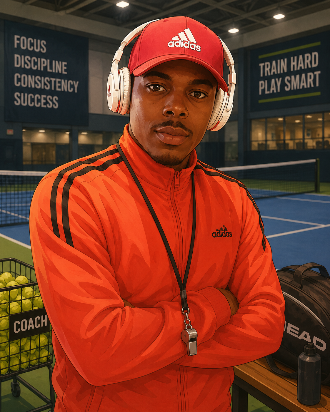 Young man in red Adidas sports jacket and matching red cap with headphones, standing on an indoor tennis court with motivational signs in the background.