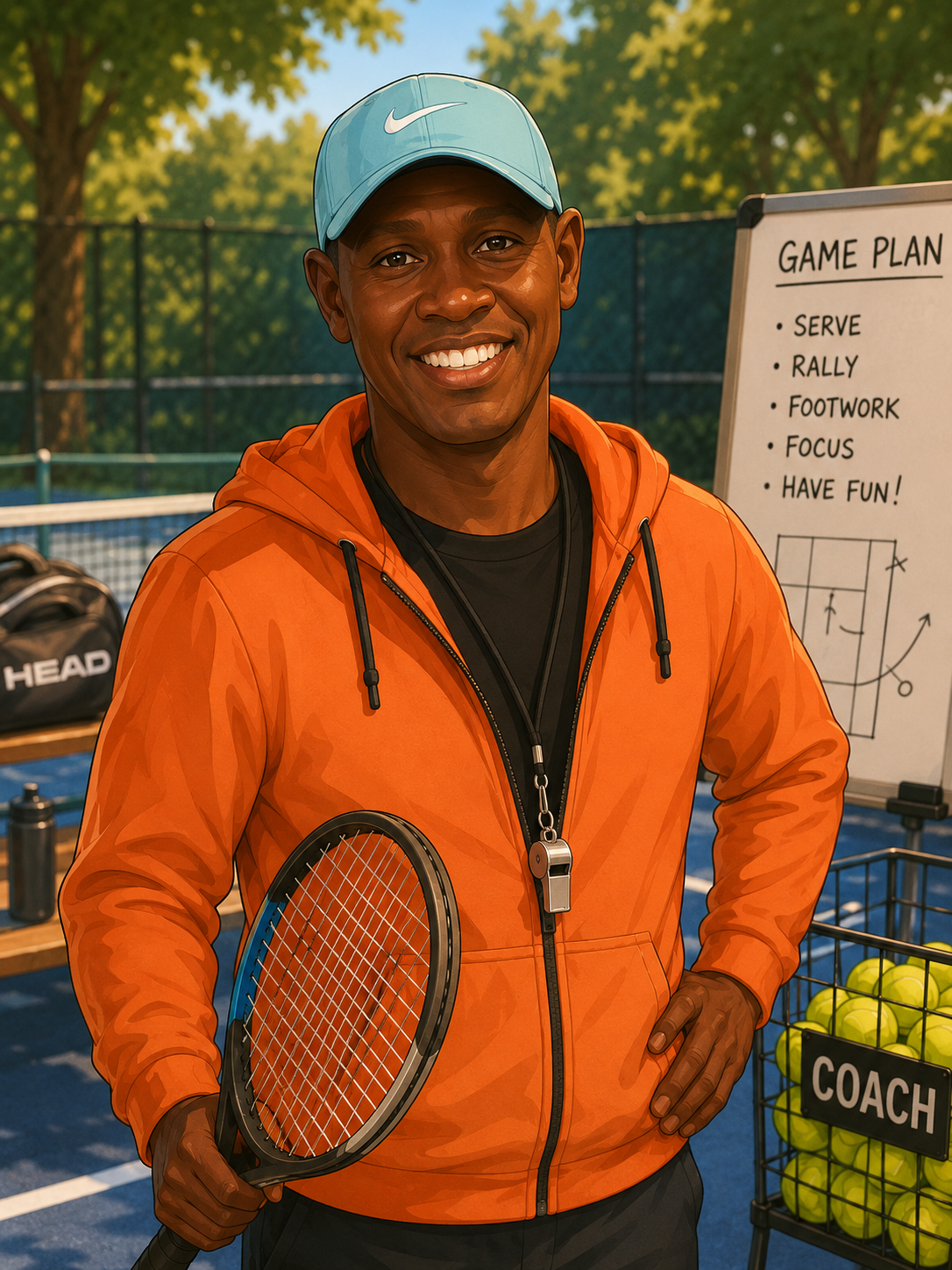 A smiling Black male tennis coach in an orange jacket, blue cap, holding a tennis racket, standing on an outdoor tennis court with a whiteboard behind him listing game plan strategies, and baskets of tennis balls nearby.