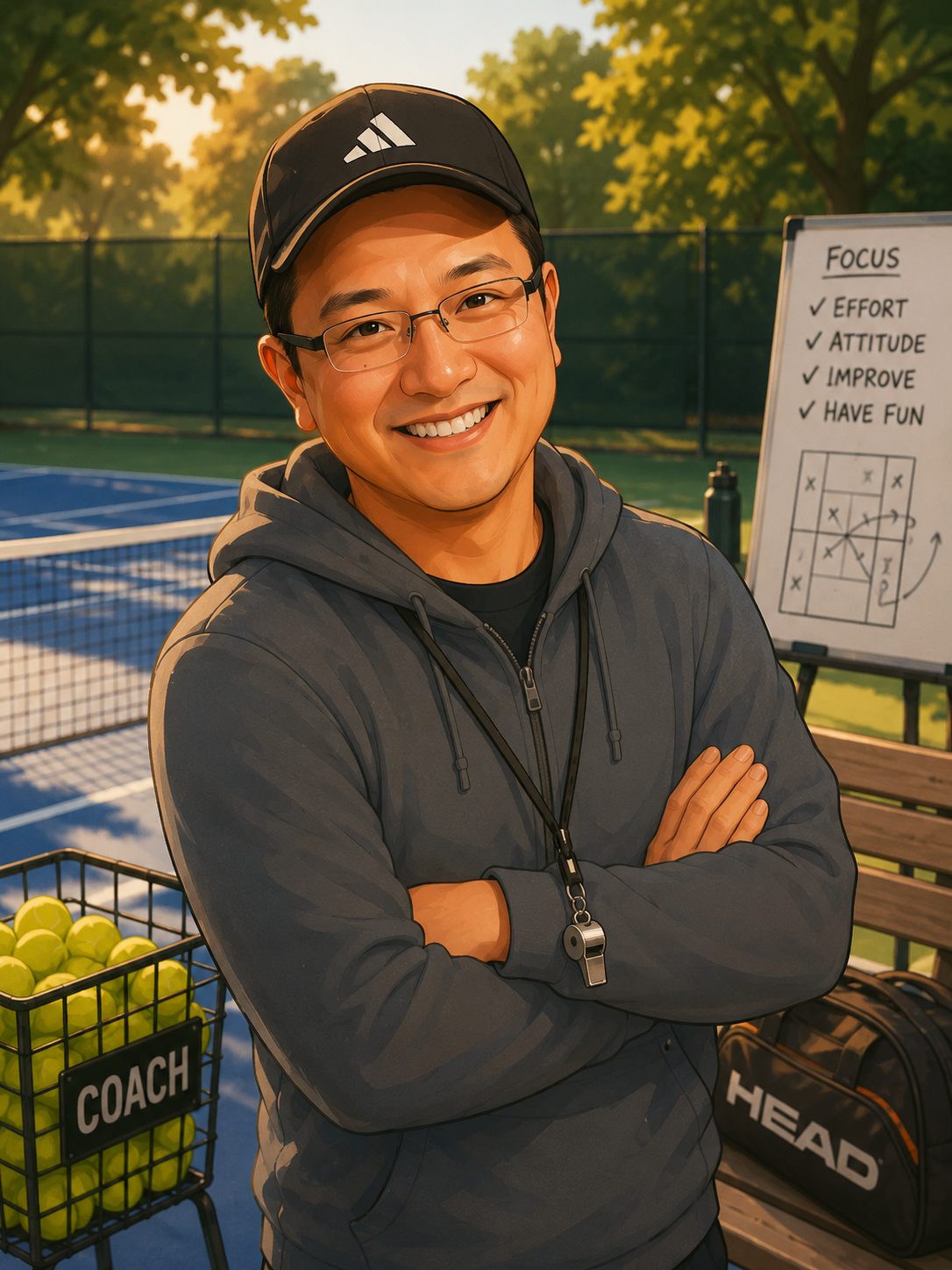 A smiling man in glasses and a black cap, wearing a gray hoodie, standing on a tennis court with a whiteboard and tennis balls nearby.
