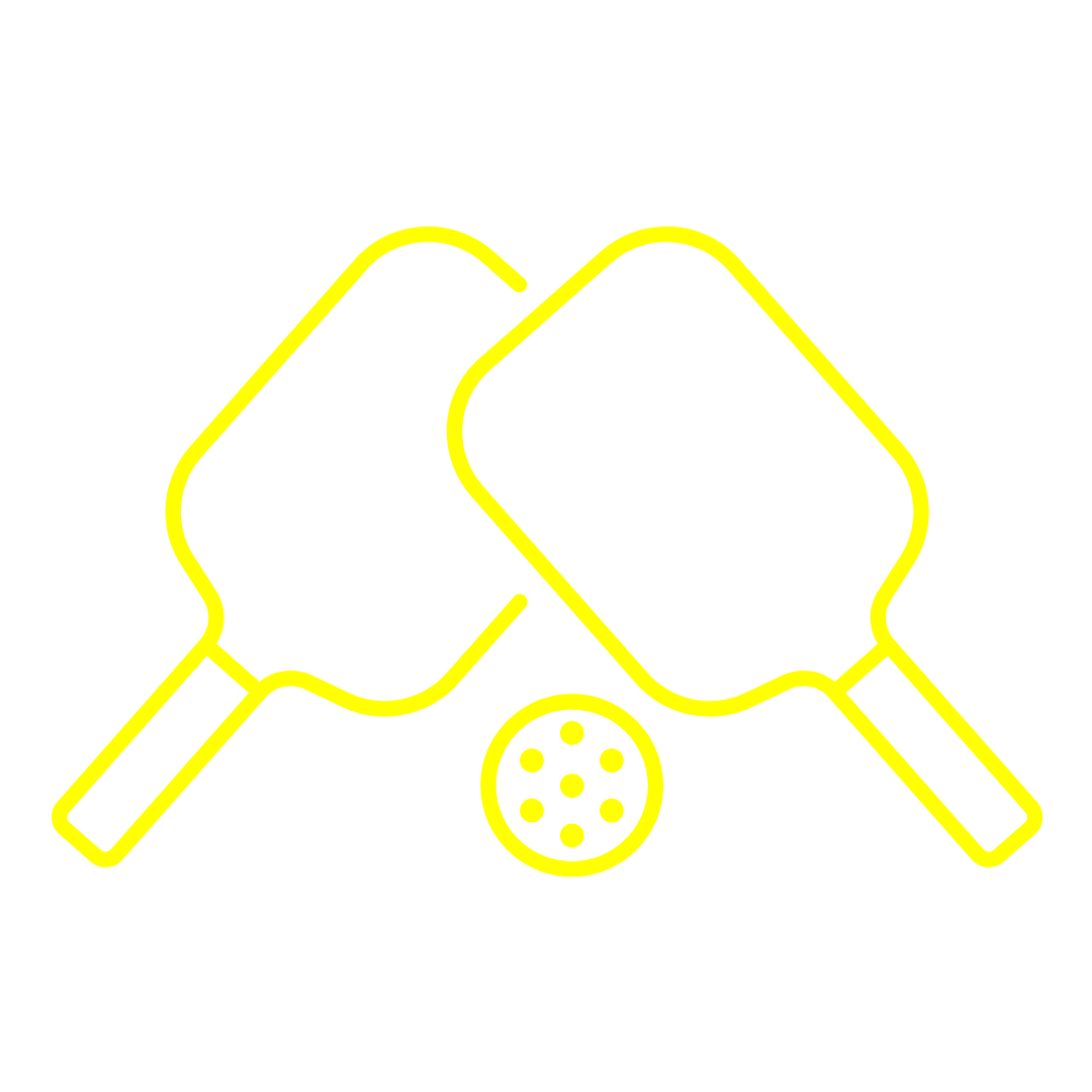 Neon yellow outline of two pickleball paddles crossing each other and a pickleball in the center on a black background.