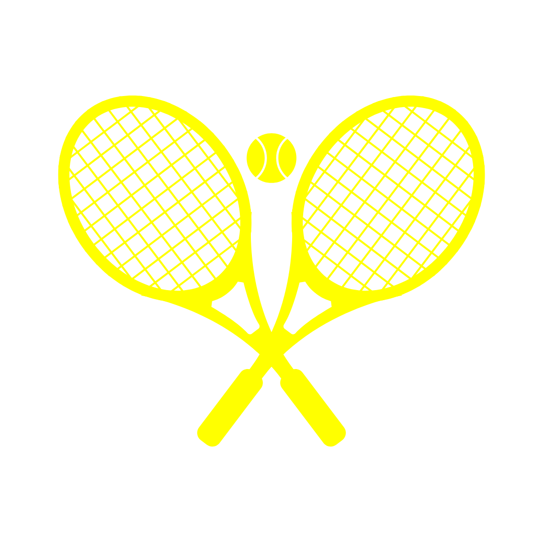 Yellow illustration of two crossed tennis rackets with a tennis ball between them.