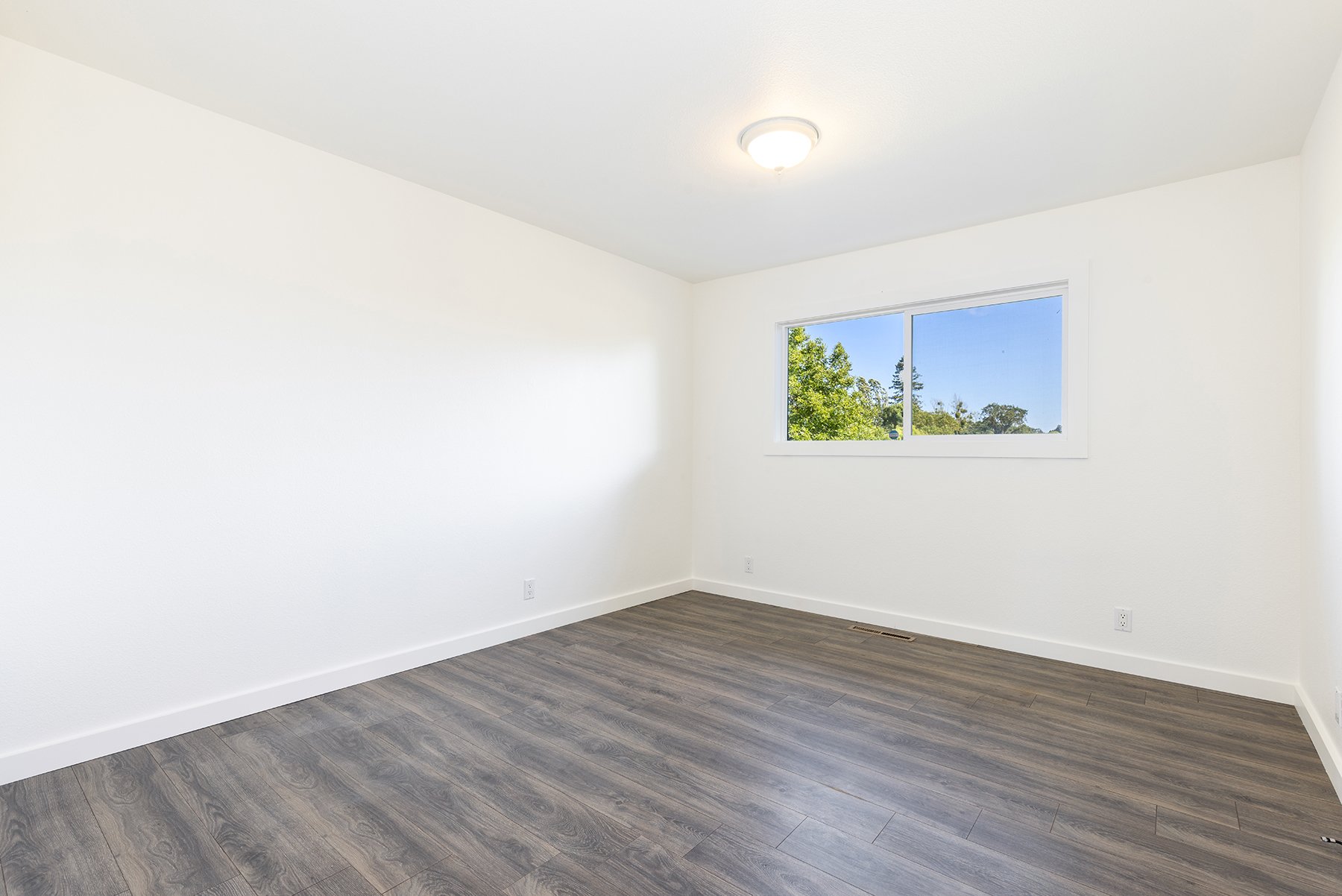 Empty room with white walls, a window with a view of trees, a ceiling light, and wood-look flooring.