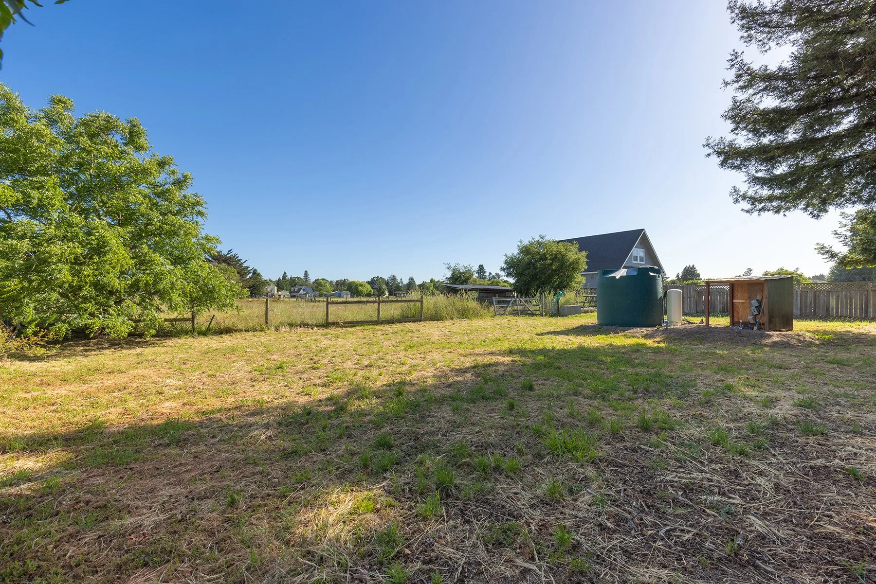 A rural backyard with a grassy yard, trees, a wooden fence, an above-ground water tank, and a small shed, with a house in the background on a sunny day.