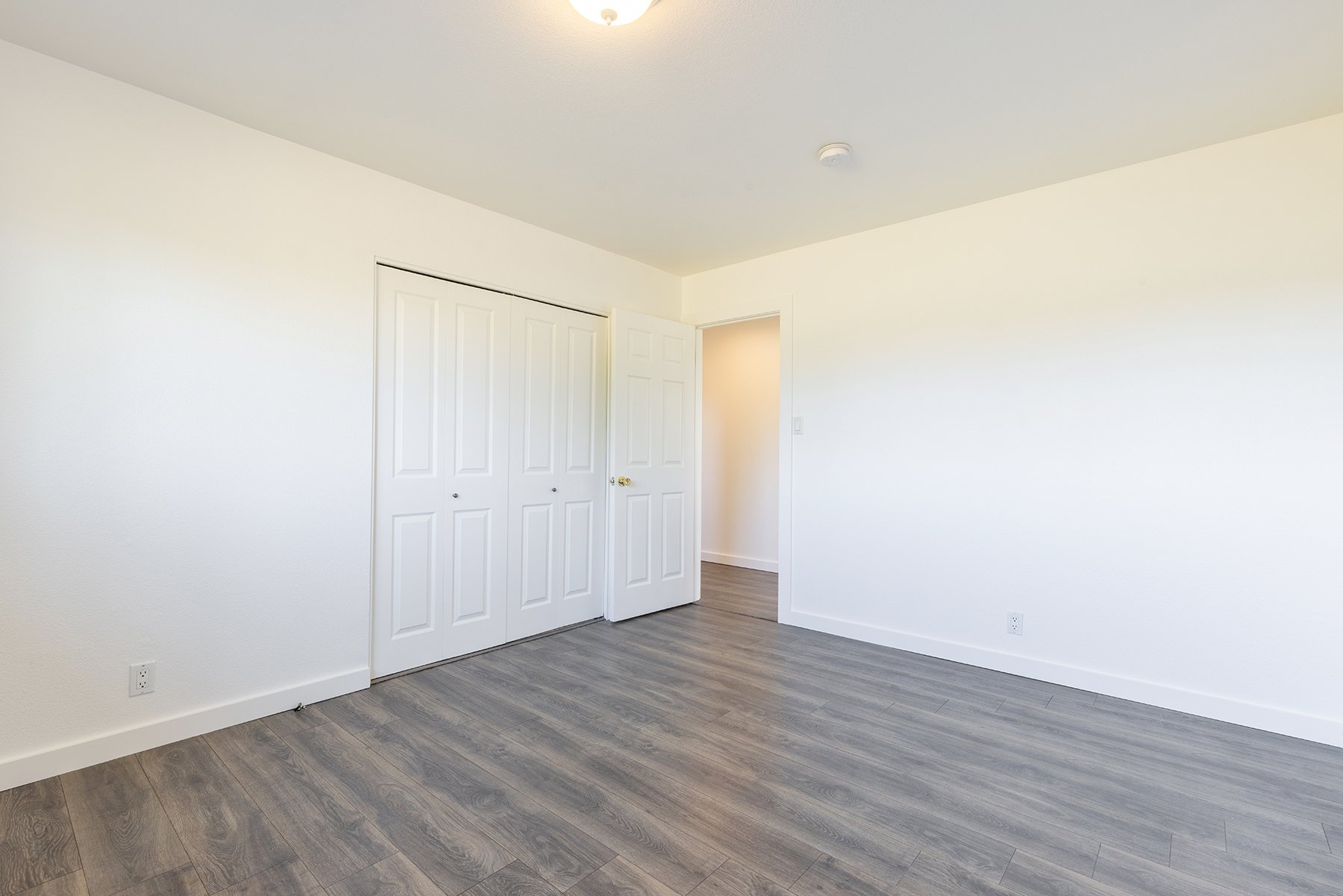 Empty room with white walls, wood-texture gray flooring, a ceiling light, a closet with double white doors, an open doorway, and electrical outlets.