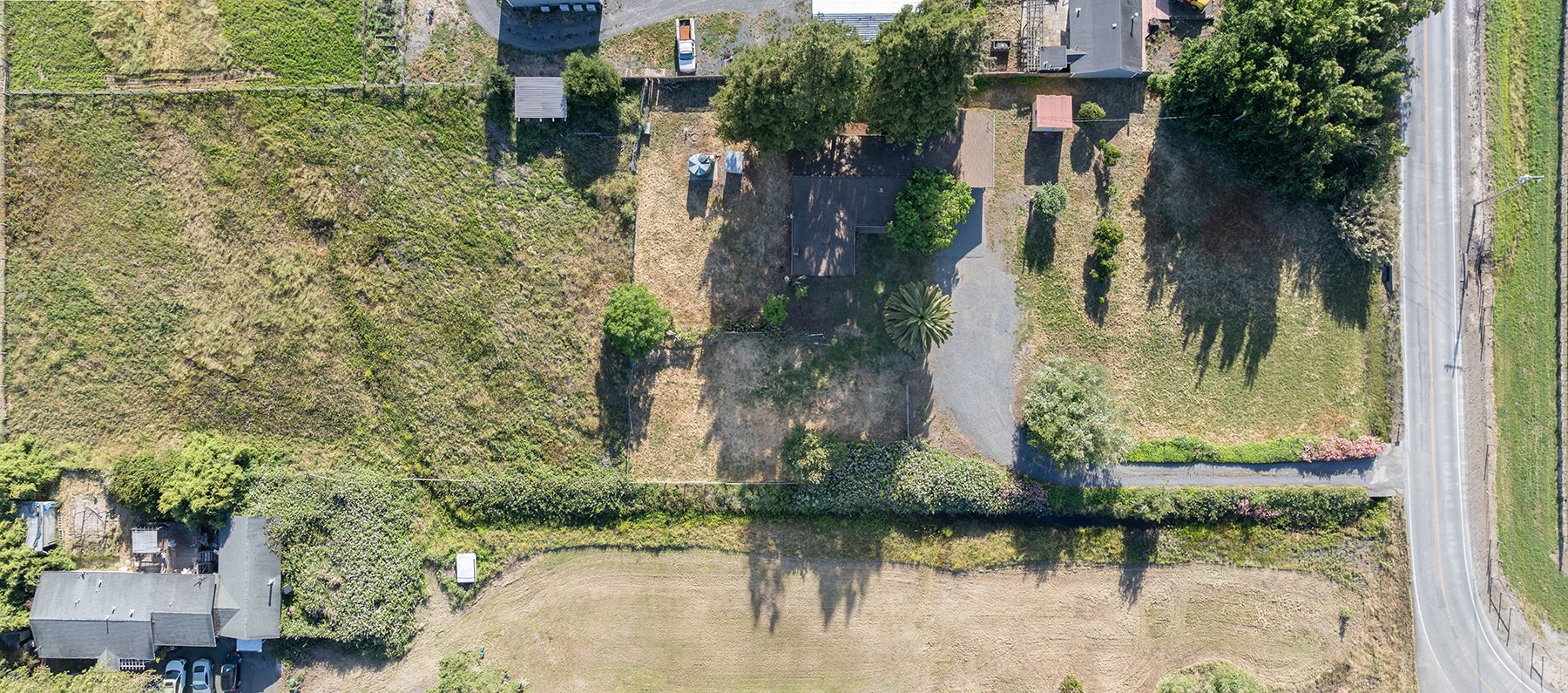 Aerial view of a backyard with trees, shrubs, and a patio area, adjacent to neighboring houses and a road on the right side.
