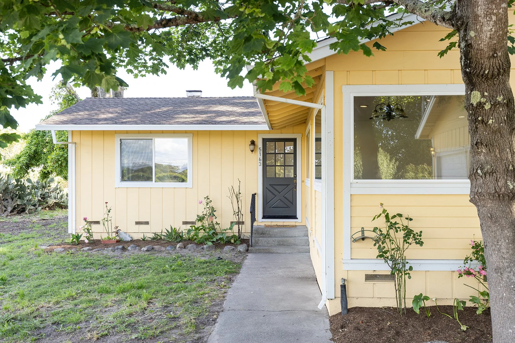 Yellow house with a gray front door, a large window, and a small window, surrounded by trees, plants, and a sidewalk.