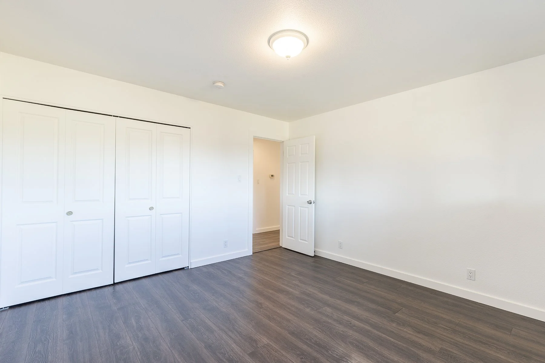 Empty room with white walls, gray wood flooring, and an open door leading to a hallway. There is a closet with white double doors and ceiling light fixture.