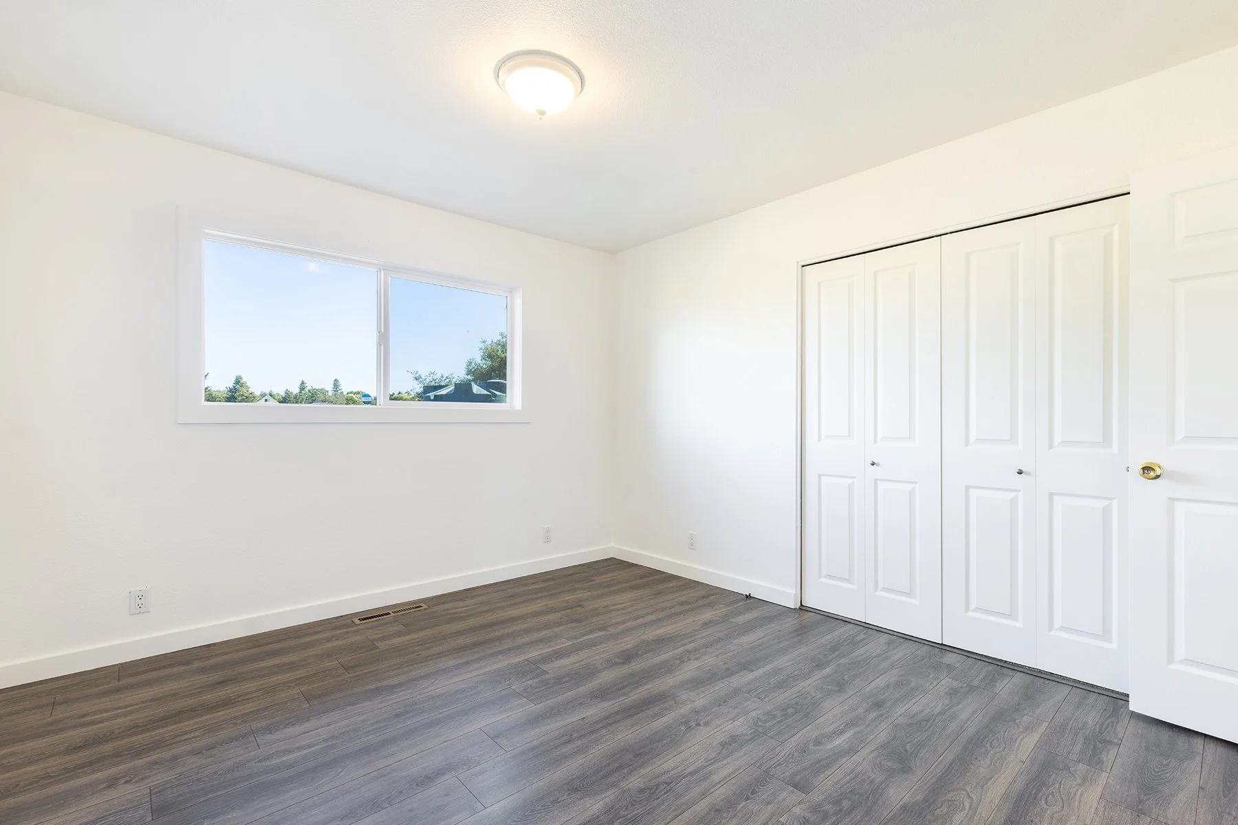 Empty room with white walls, a window showing trees outside, a ceiling light, and a closet with white double doors.