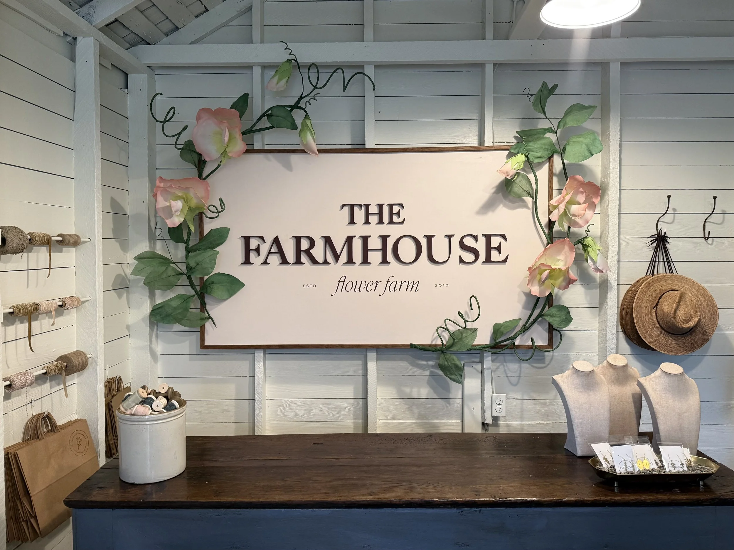 Custom sign with raised letters, oversized sweet pea flowers | Fabricator | The Farmhouse Flower Farm, Washington 