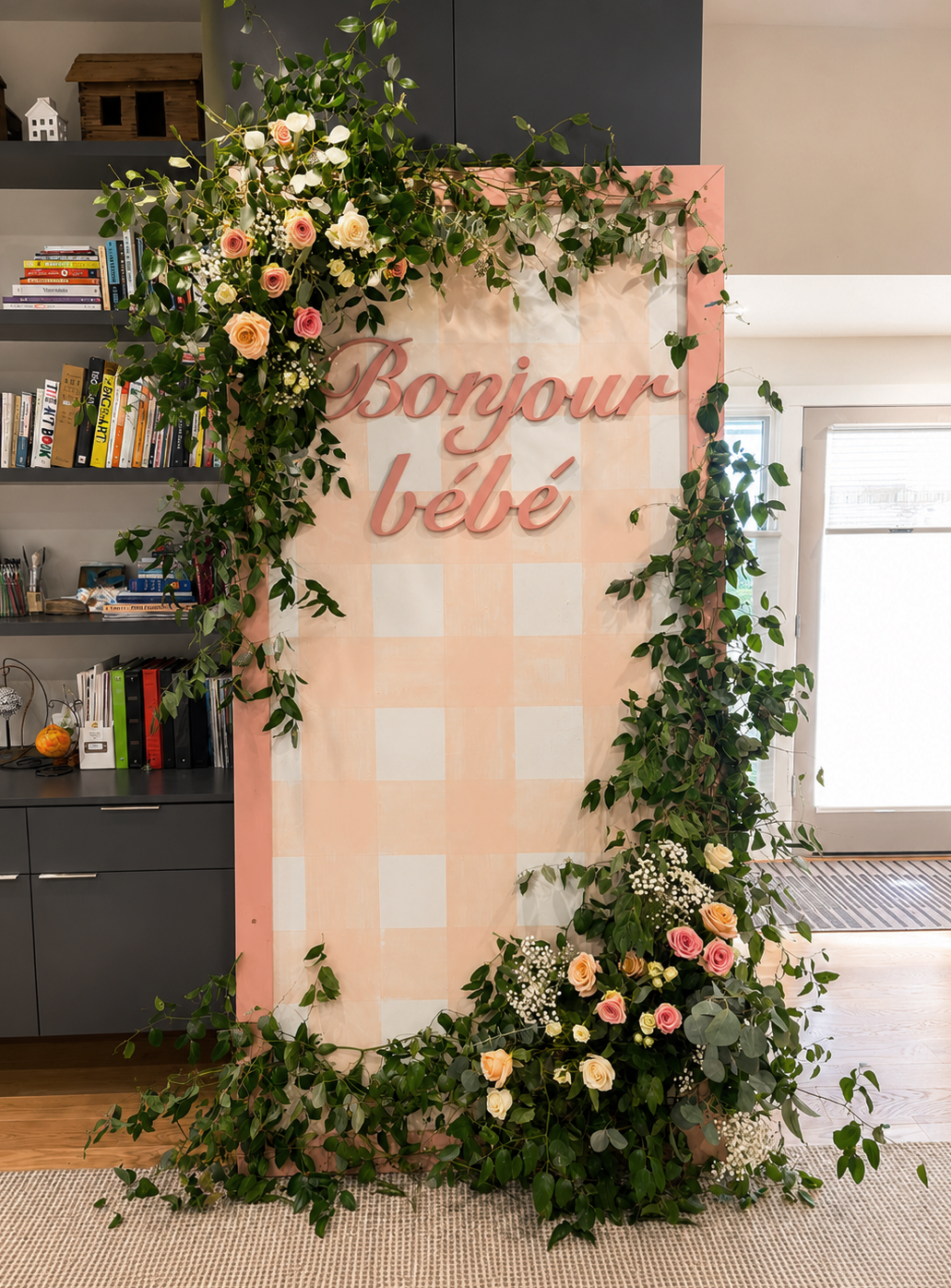 Wall with hand painted pattern, greenery and florals | Designer, fabricator, installer | Client Project