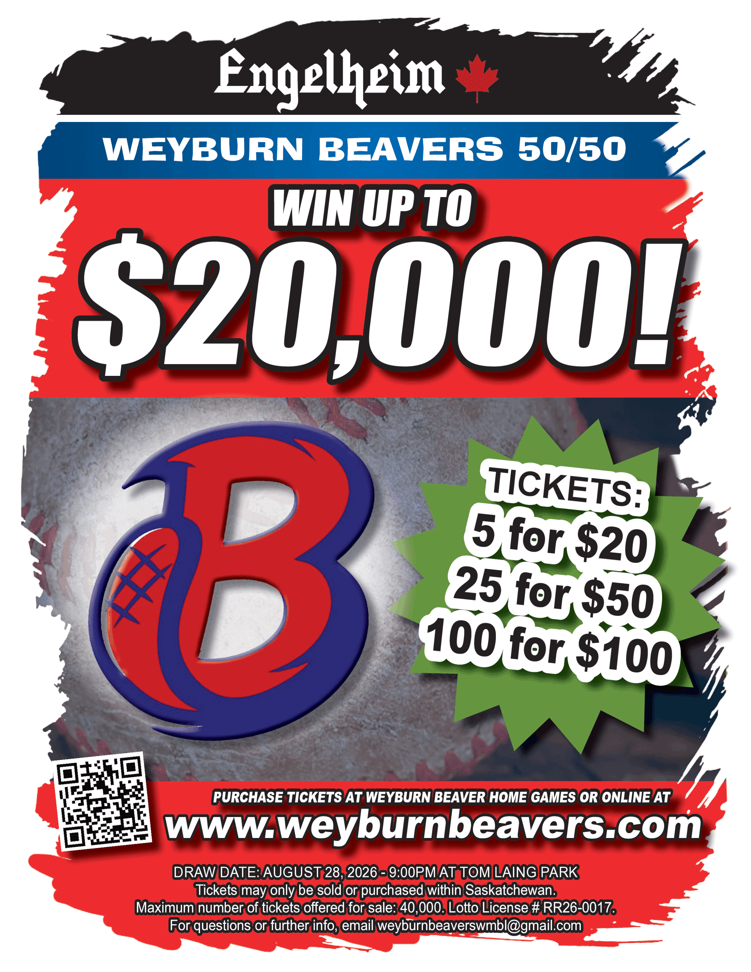Promotion poster for a Weyburn Beavers baseball game with a drawing of a red and blue baseball and a large number 3. Details about ticket prices, purchase options, draw date, and contact information are included.