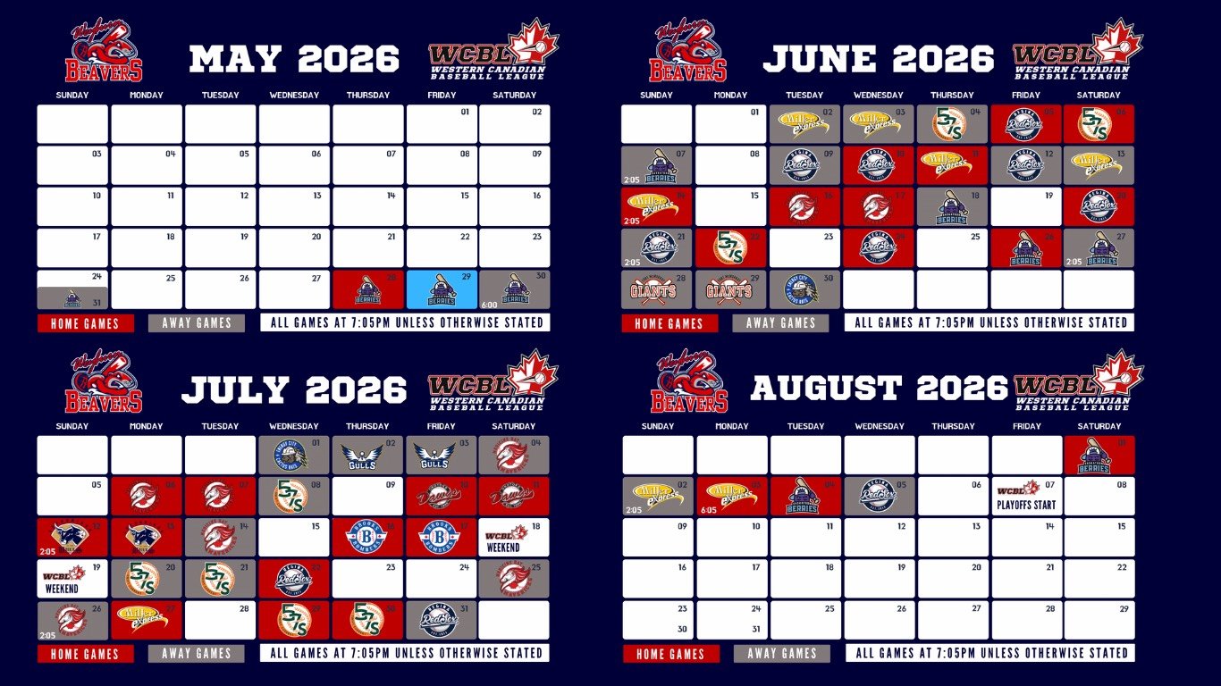 Monthly baseball schedule for May, June, July, and August 2026, showing dates, home and away games, and team logos for the Western Canadian Baseball League.