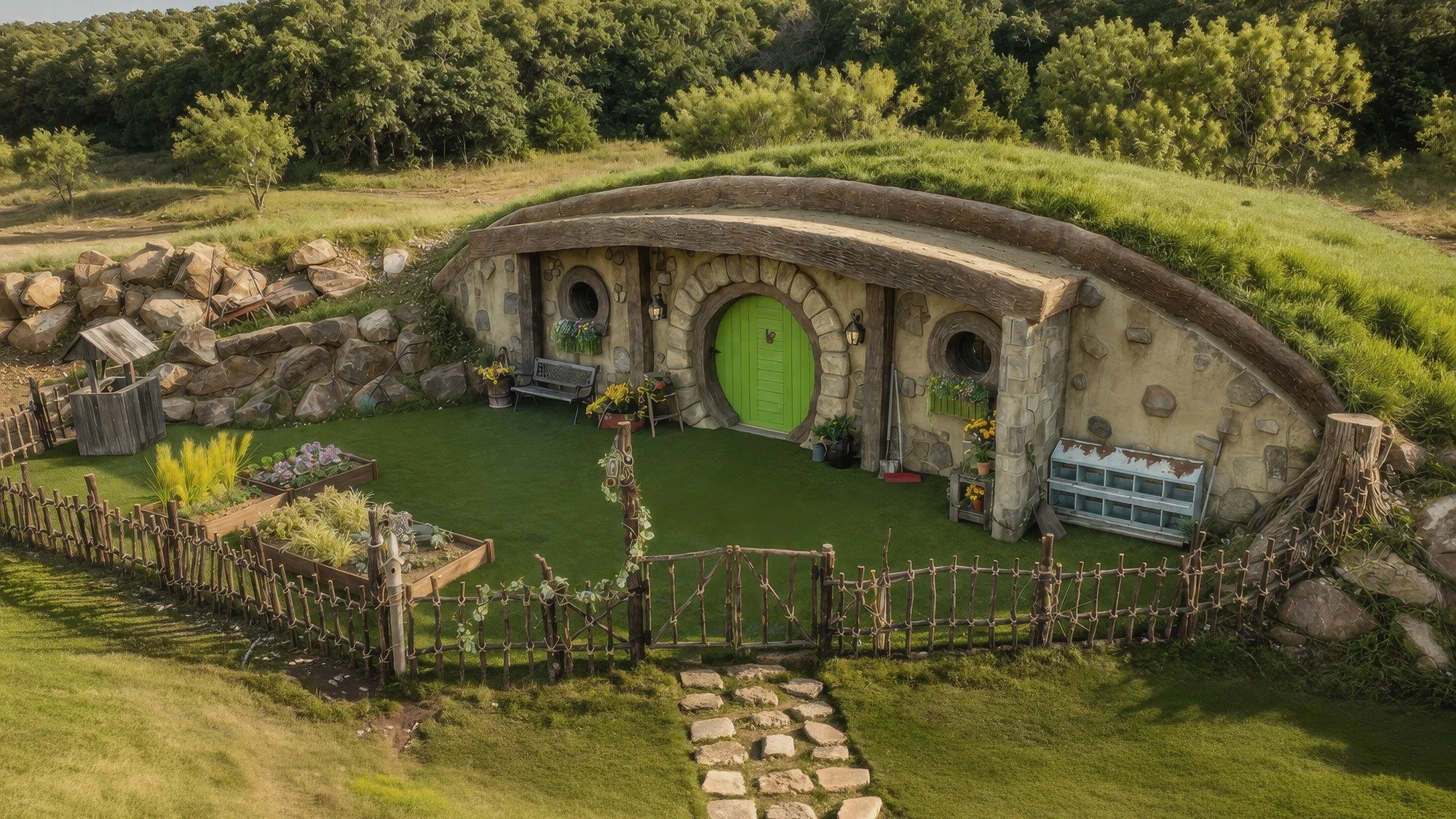 Aerial view of the Gardener House at Mirador, with a grass-covered roof, a round green door, raised garden beds and a stone path through a twig fence