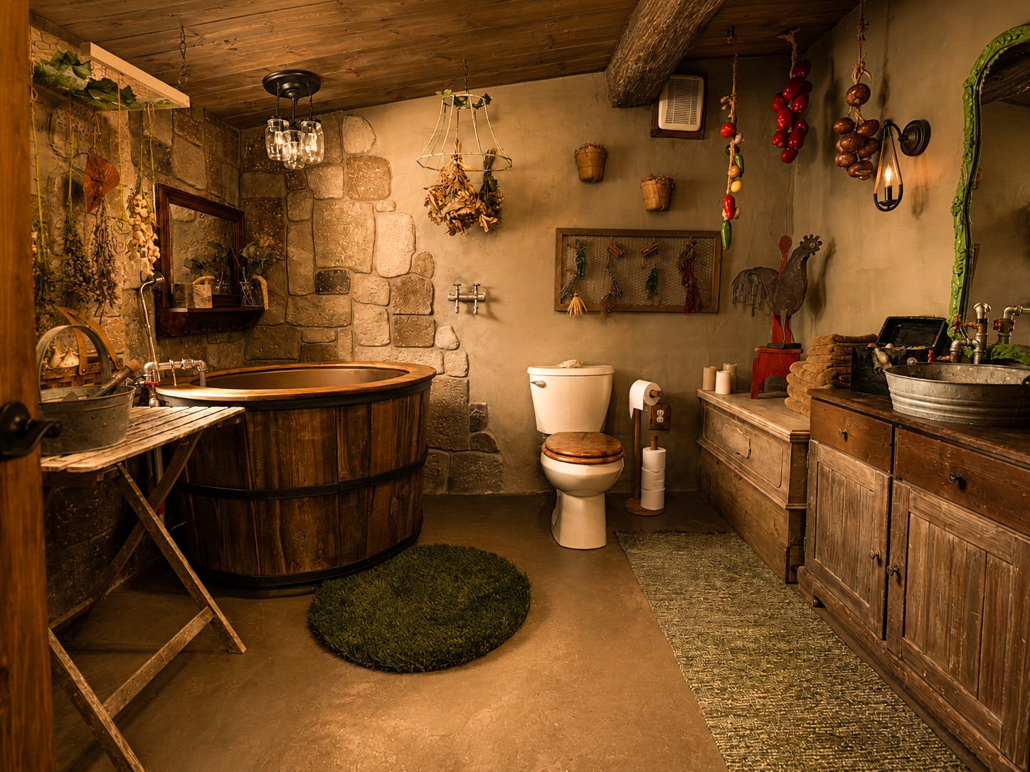 Rustic hobbit bathroom at Mirador Texas with a wooden bathtub, stone wall, and vintage decor, including a toilet, wooden cabinets, and hanging dried herbs and vegetables.