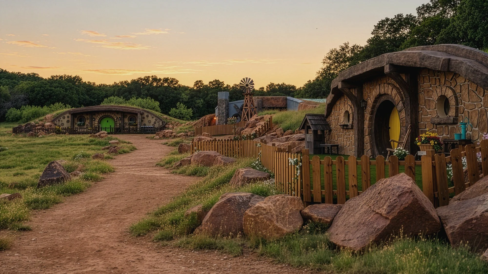Dusk over Mirador's Texas Shire: a dirt lane runs past the Gardener House toward the Writer House's windmill, with the Baker House's stone arch in the foreground