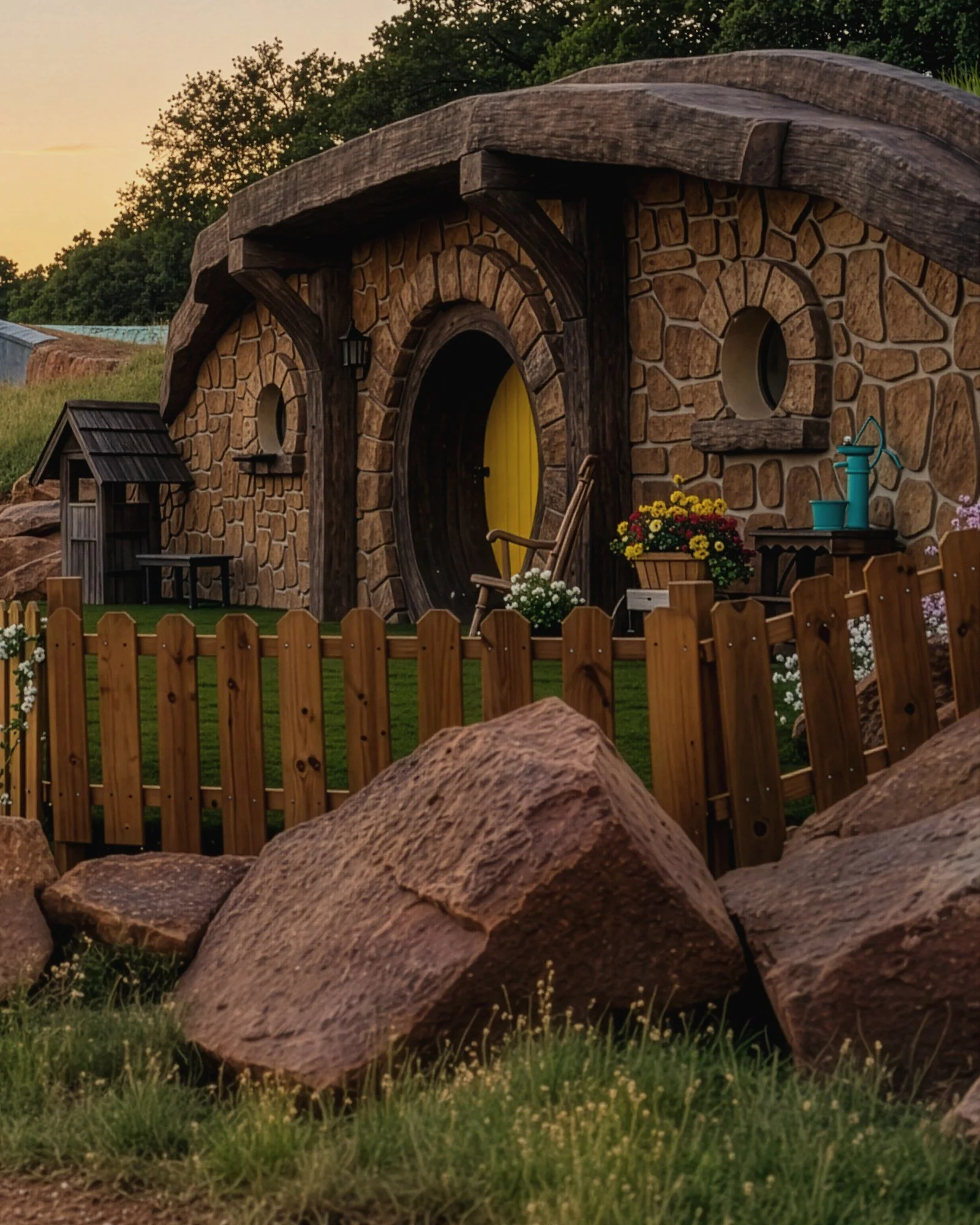 The Baker House's stone arch and yellow door at dusk, seen past a wooden picket fence and large red sandstone boulders at Mirador's Texas Shire