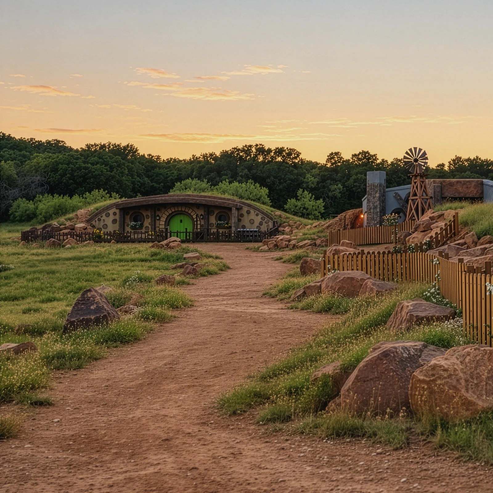 A dirt path through wild grass and red sandstone boulders leading to the Gardener House's round green door at sunset