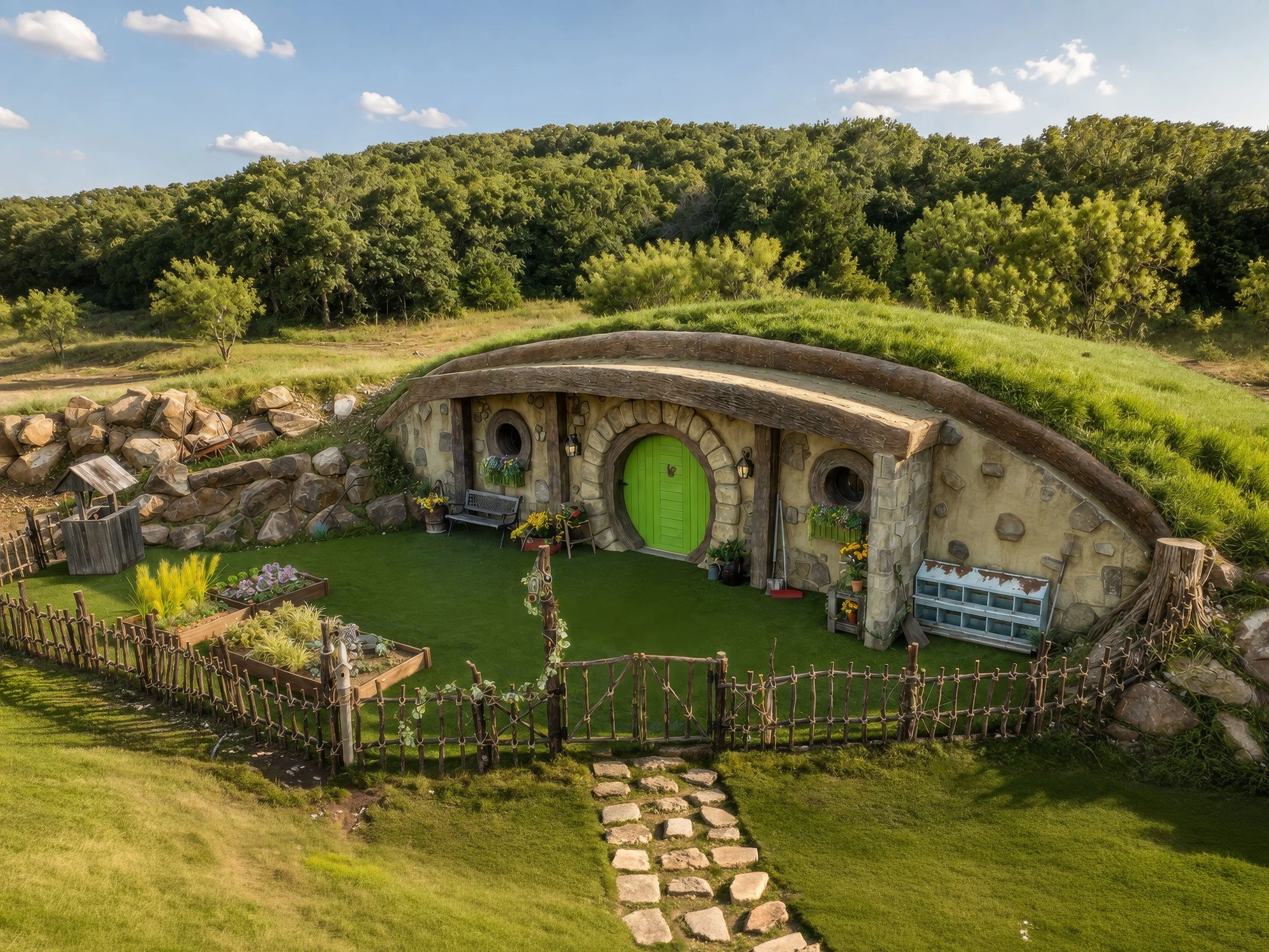 Aerial view of the Gardener House at Mirador: a round green door under a grassy living roof, with raised garden beds, a twig fence and a stepping-stone path
