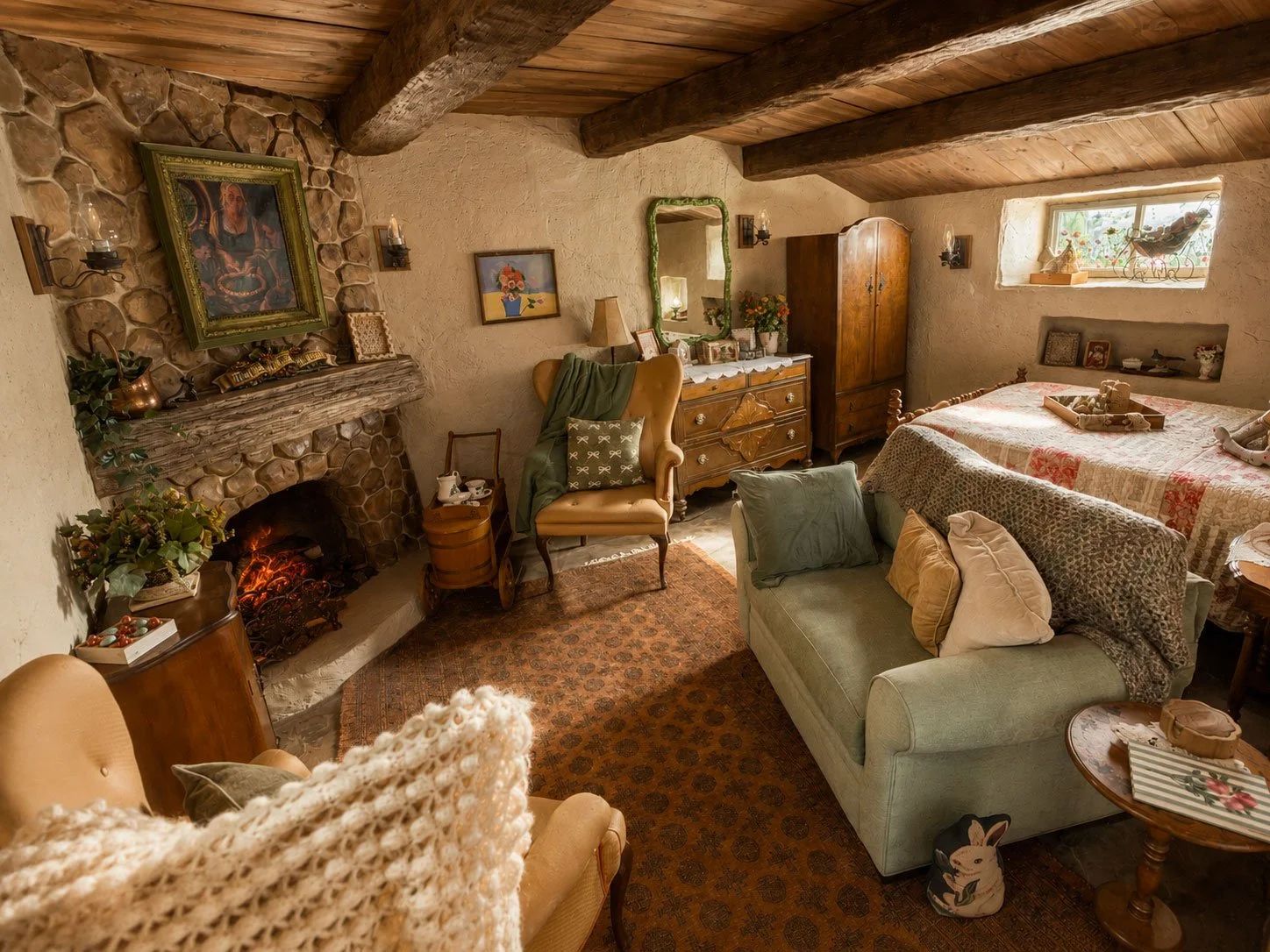 Cozy interior of the Texas Shire at Mirador near Mingus, Texas, featuring rustic wood beams, stone fireplace, vintage furnishings and storybook-inspired decor seen in connection with Jep & Jess: Beyond the Bayou.