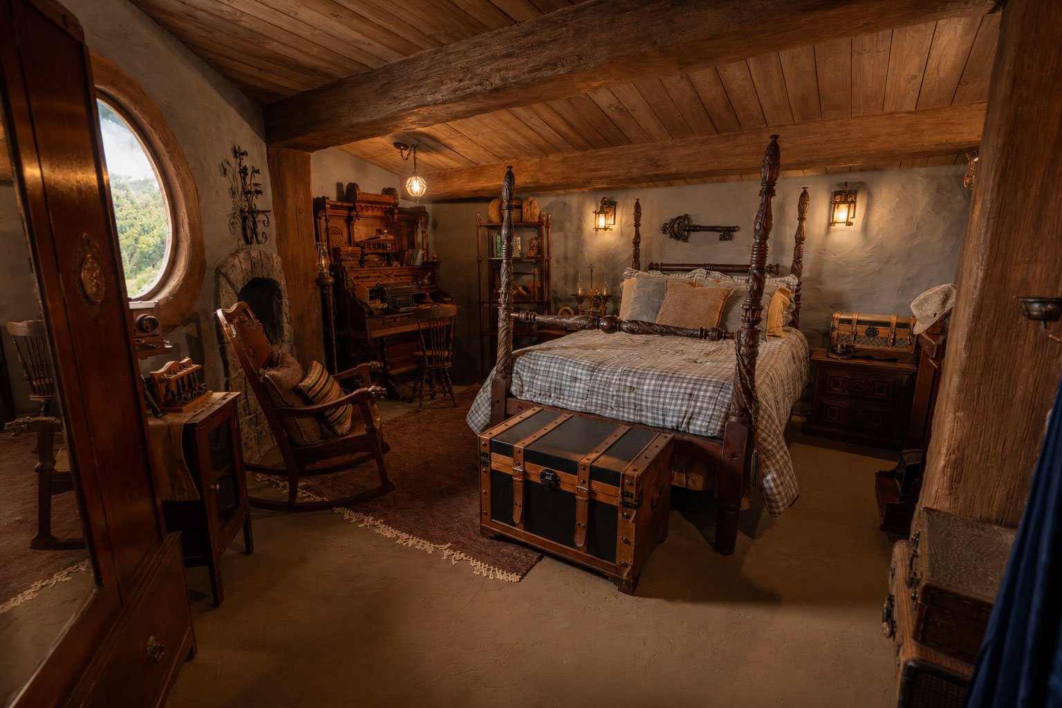 Cozy hobbit bedroom at Mirador Texas with wooden ceiling and furniture, a four-poster bed with plaid bedding, vintage trunk at foot of bed, armchair, bookshelf, and various decorative items.