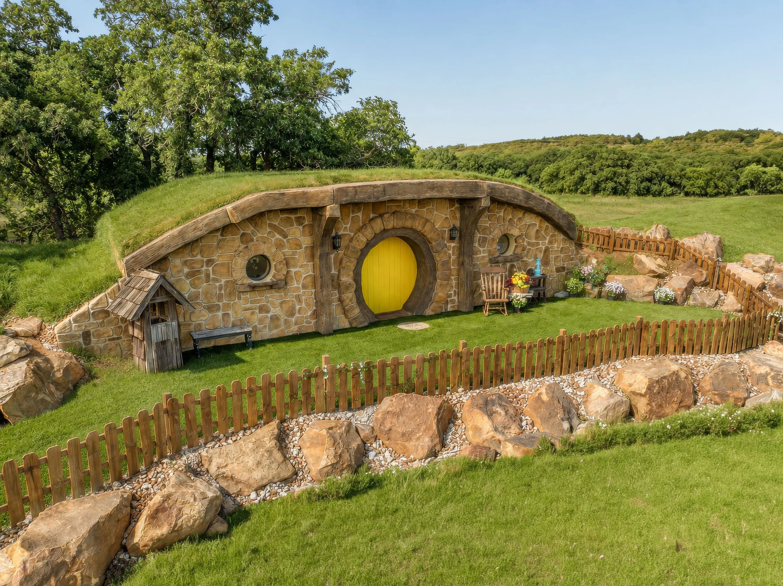 A Hobbit-style house built into a hillside with a yellow door, small windows, and a garden with chairs and flowers in the foreground, surrounded by rocks and green grass.