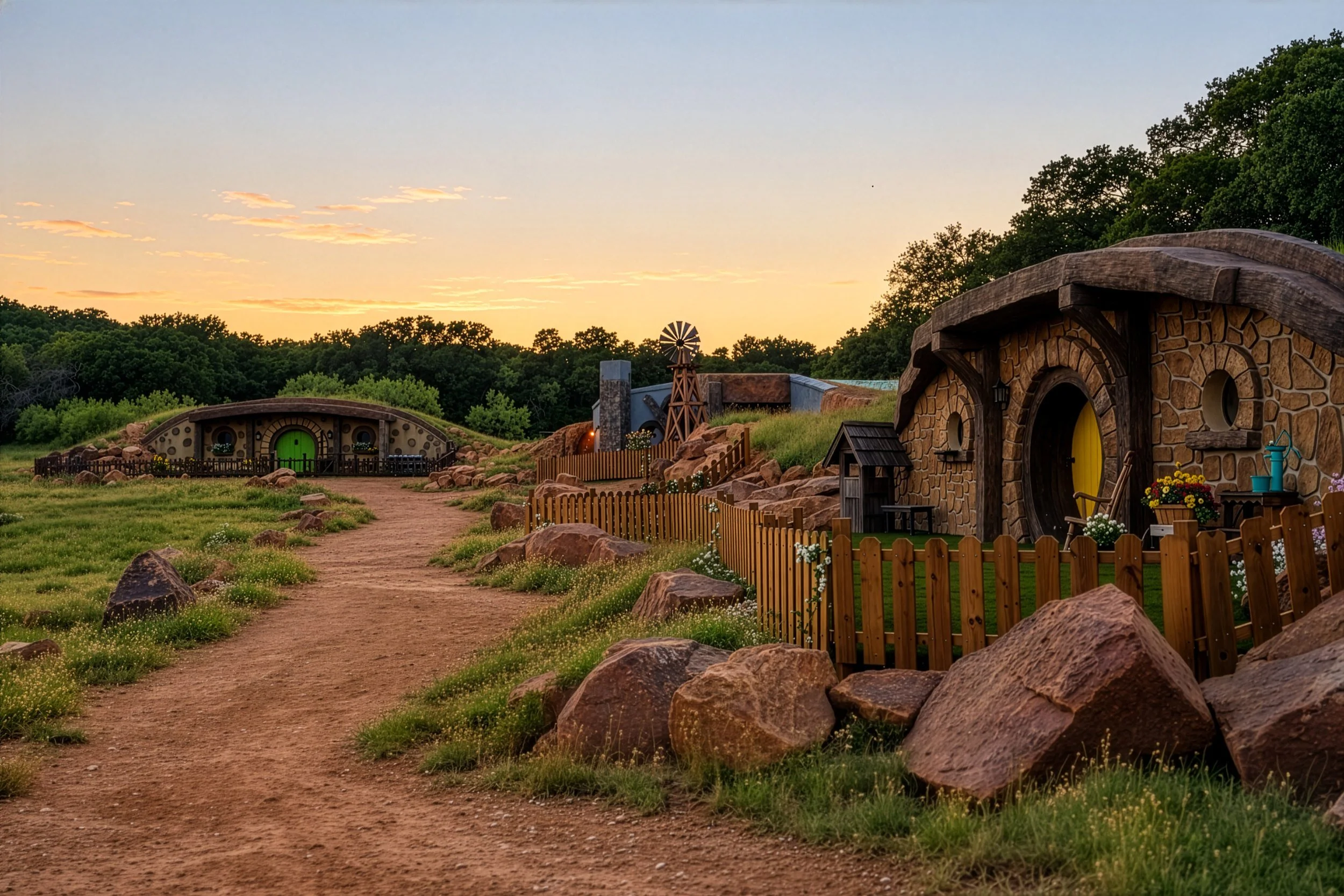 The three Texas Shire Houses at Mirador at sunset: the Baker House's round yellow door in the foreground, the Writer House's stone chimney and windmill in the middle, and the Gardener House's green door in the distance along a dirt path