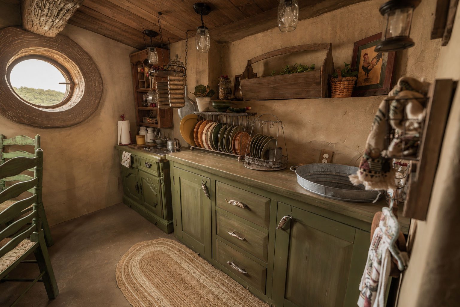 A rustic hobbit kitchen at Mirador Texas with a green cabinet, open shelving, and a countertop holding multiple colorful plates, a metal tray, and small kitchen items.