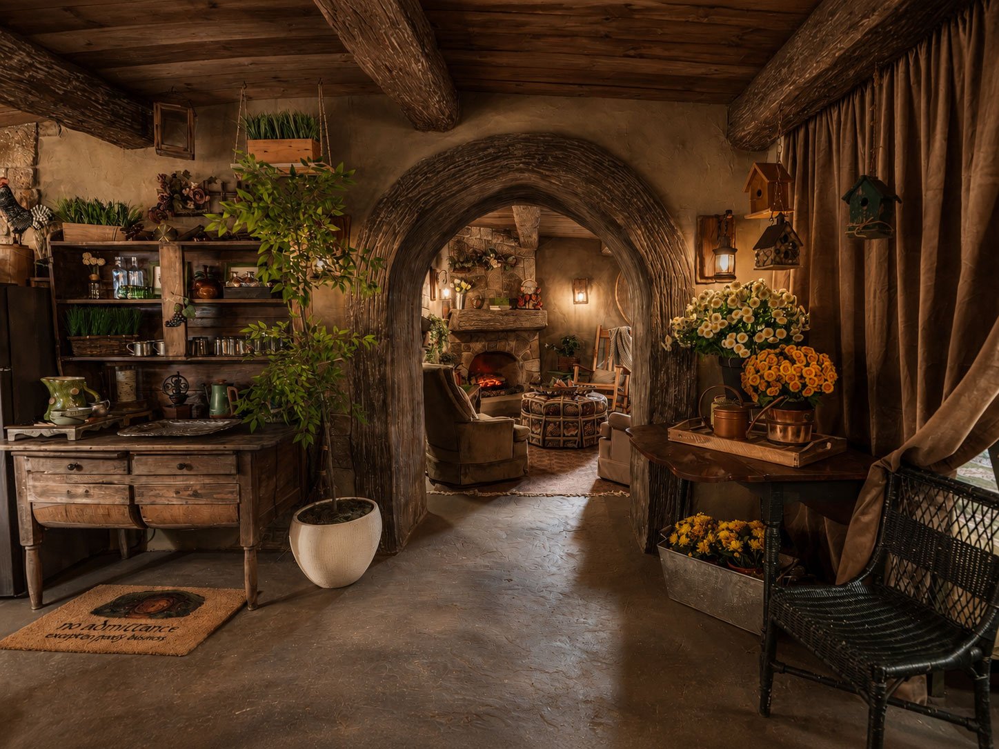 Cozy rustic hobbit-inspired living room at Mirador Texas  with warm lighting, wooden beams, a stone fireplace, and vintage furniture, decorated with plants and flowers.