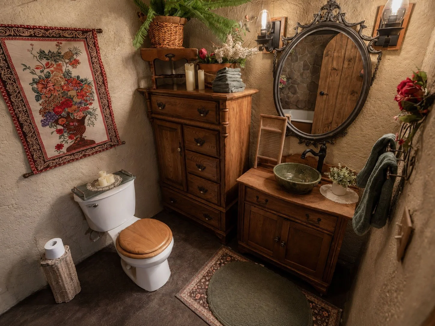 A rustic bathroom with wooden furniture, a mirror, and decorative elements. There is a toilet with a wooden seat, a small rug, and a vintage-style vanity with a green basin sink and a vase of flowers. The wall features a tapestry with a floral design, and there are plants, candles, and towels as decor.