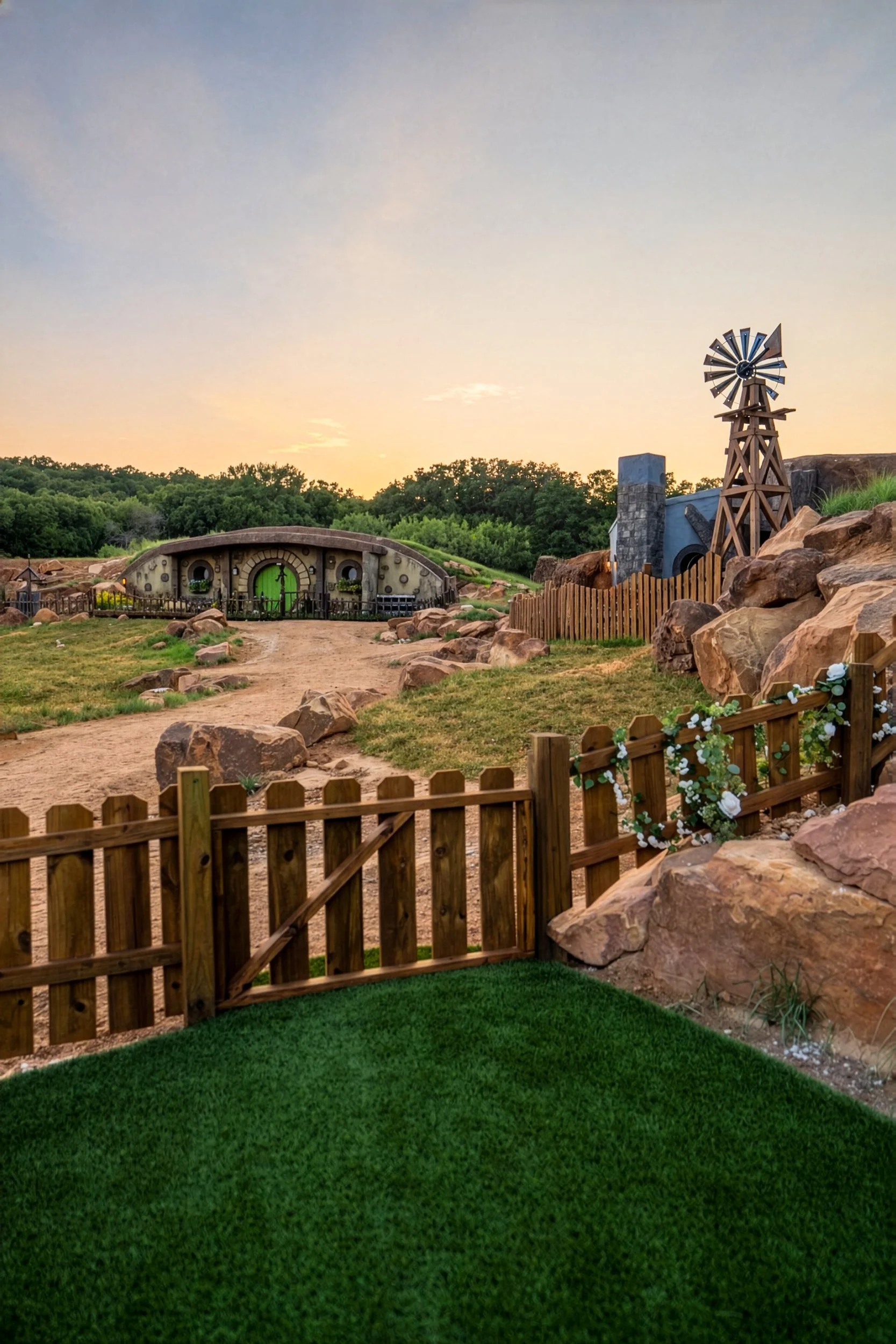 A wooden garden gate at Mirador's Texas Shire at sunset, looking down a dirt path toward the Gardener House's round green door, with the Writer House's chimney and windmill at right