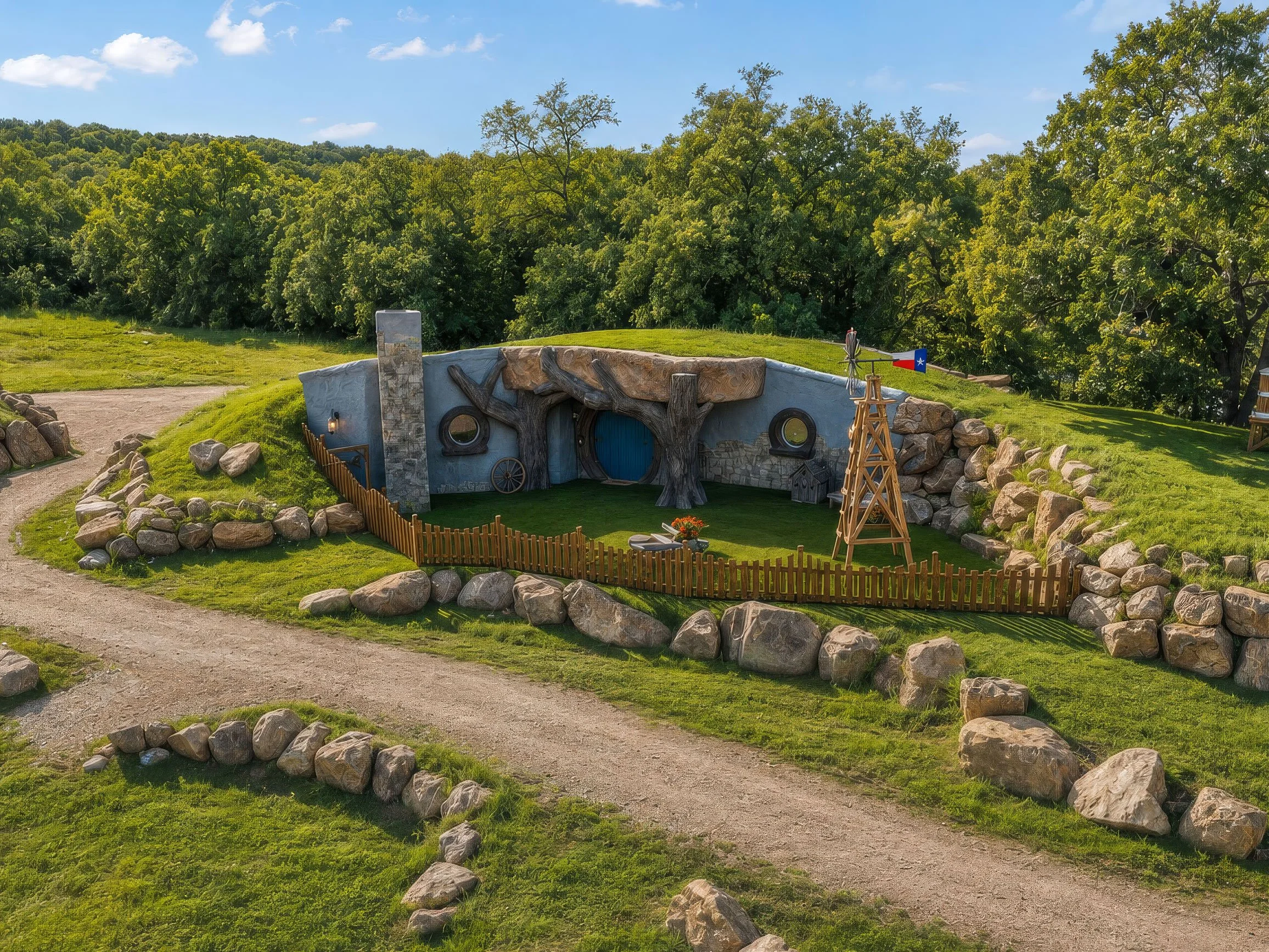 A whimsical hobbit hobbit at Mirador Texas, inspired by Lord of the Rings, designed to resemble a tree with a circular blue door and tree trunk details, surrounded by rocks, with greenery and trees in the background under a partly cloudy sky.