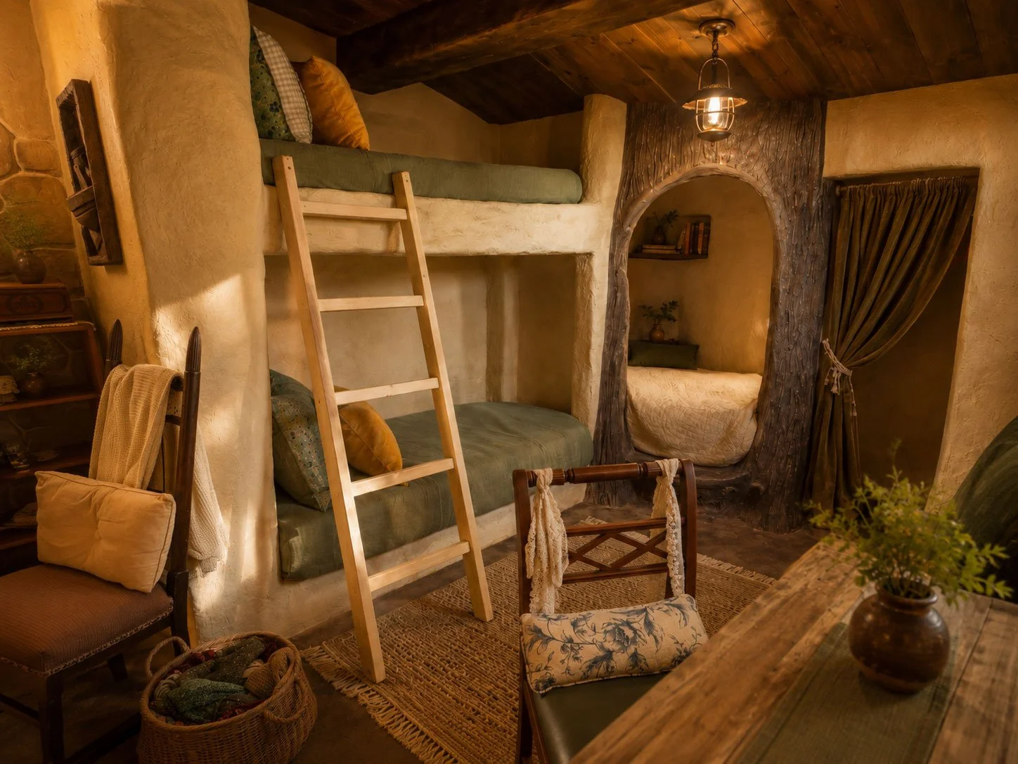Cozy rustic bedroom with a raised sleeping area accessible by a small ladder, a built-in nook with a bed, shelves with books and decor, a curtain tied back, warm lighting, a wooden table with a vase and greenery, and various vintage furniture and textiles.