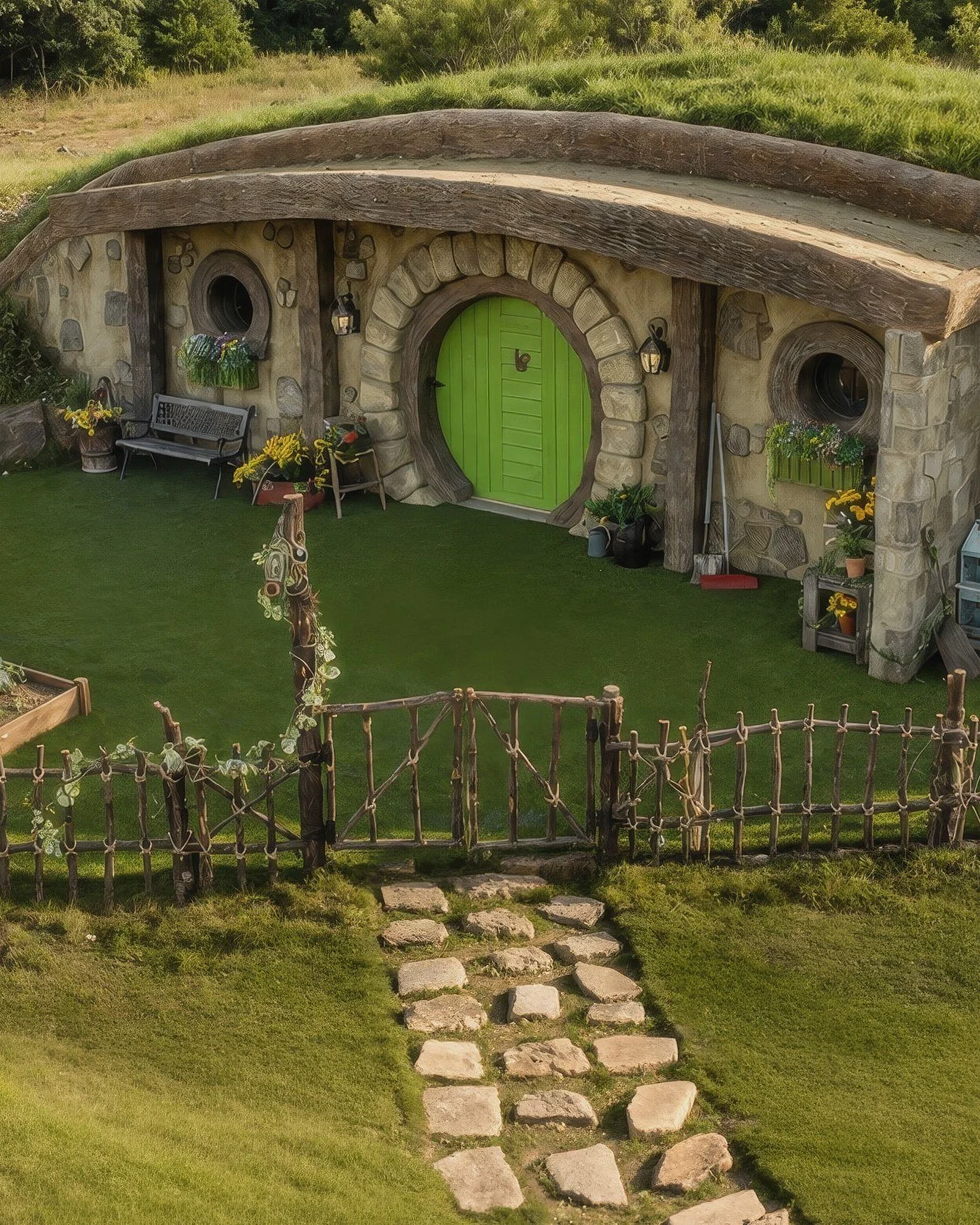 The Gardener House's round green door in a stone arch beneath its grassy living roof, with round windows, flower boxes, a bench and stepping stones leading to the garden gate
